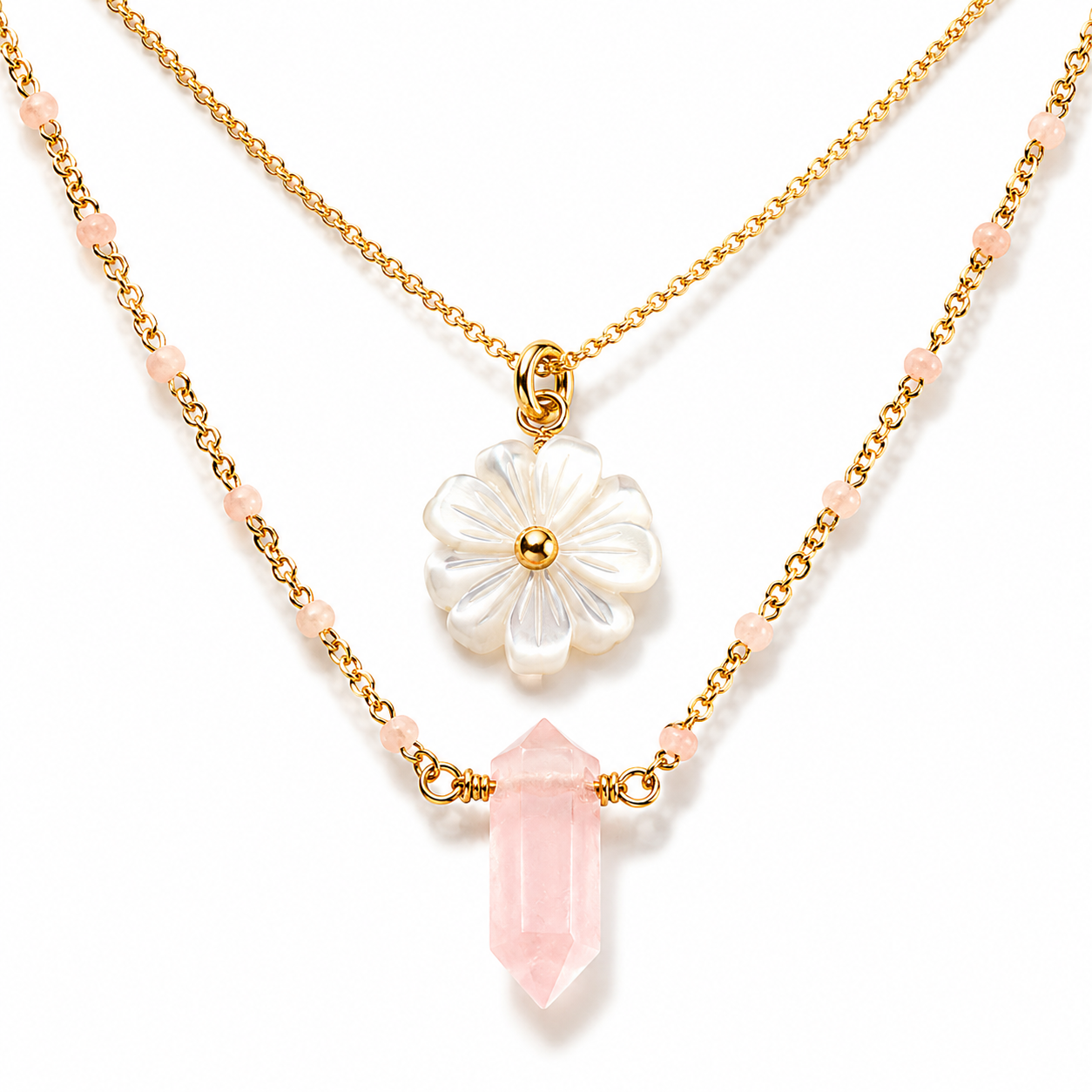 Luna Norte blooming crystal layered necklace set featuring rose quartz stones on a delicate chain, perfect for elegant jewelry styles.