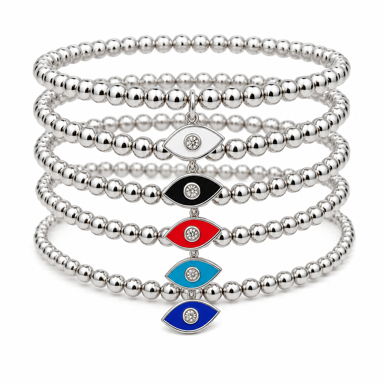 Evil Eye Beaded Stretch Bracelets Set - Silver