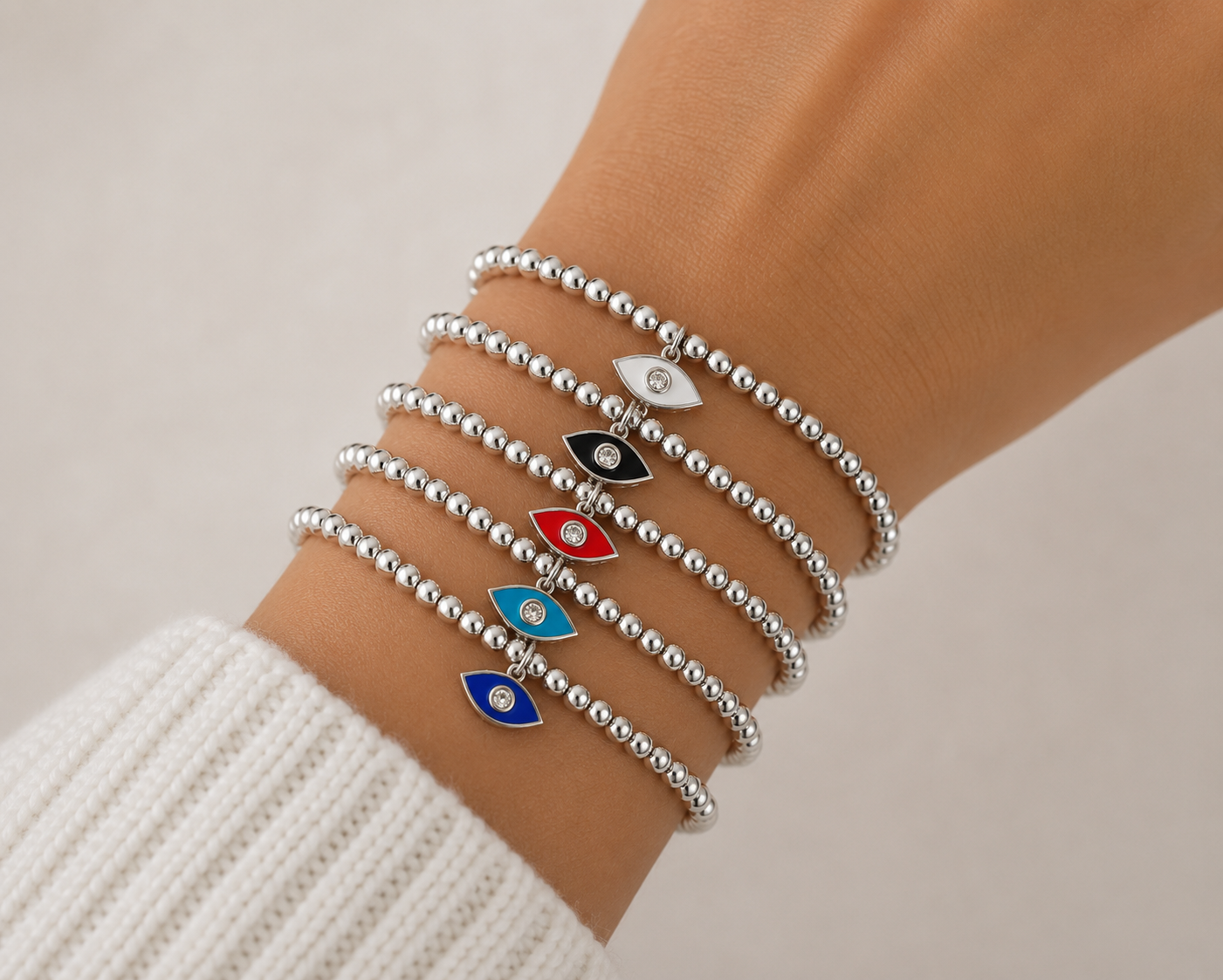 Evil Eye Beaded Stretch Bracelets Set - Silver