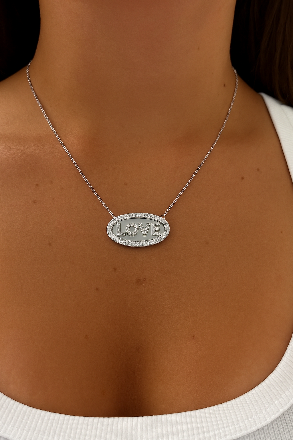Love Oval Disk Necklace - Sterling Silver 925