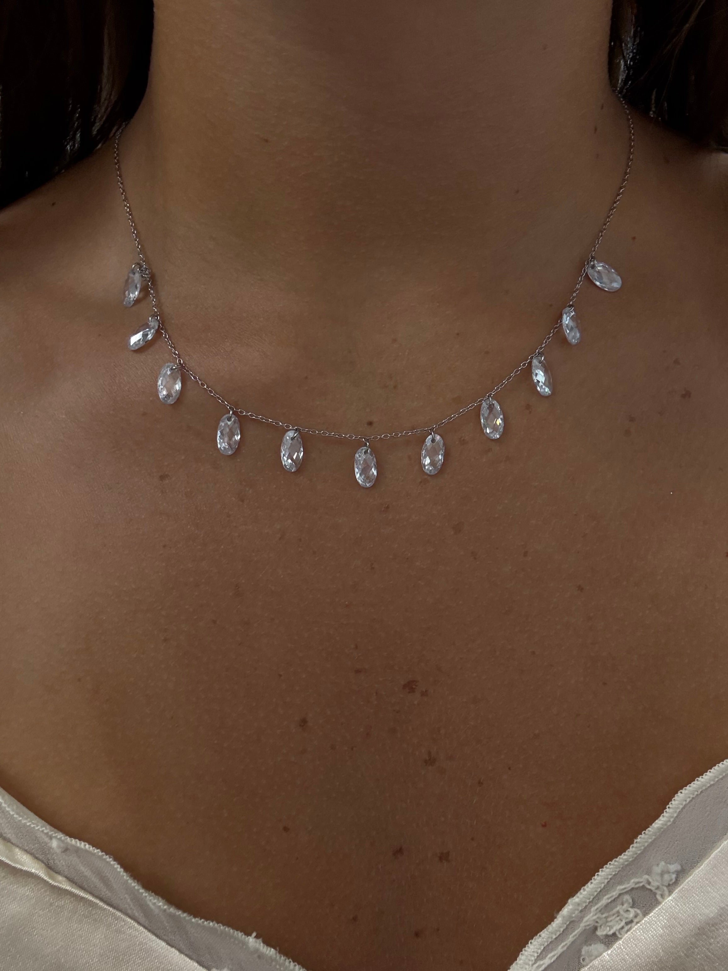 Iridescent Clear Crystal Drop Necklace - Sterling Silver 925