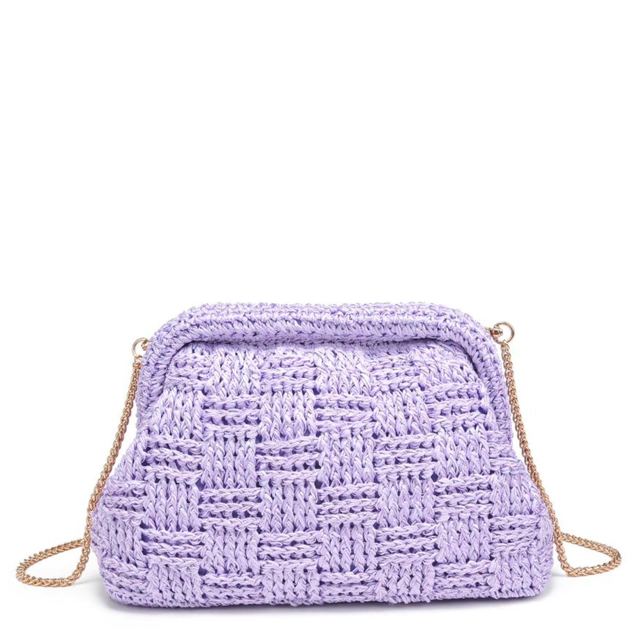 Lavender woven handbag with a gold chain on a white background