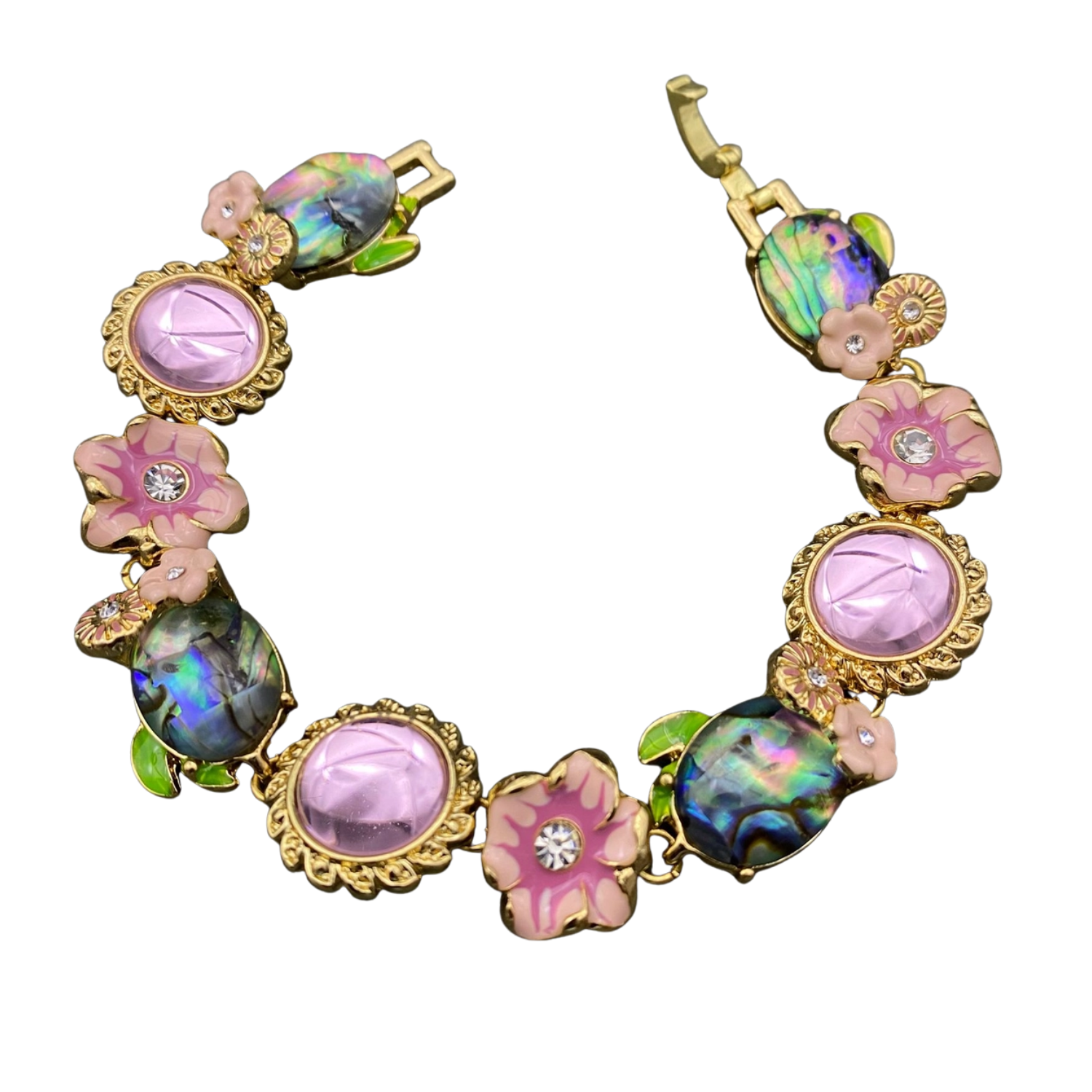 Vintage shell, rhinestone, and glazed enamel flower bracelet by Private Label featuring intricate inlay and floral design.