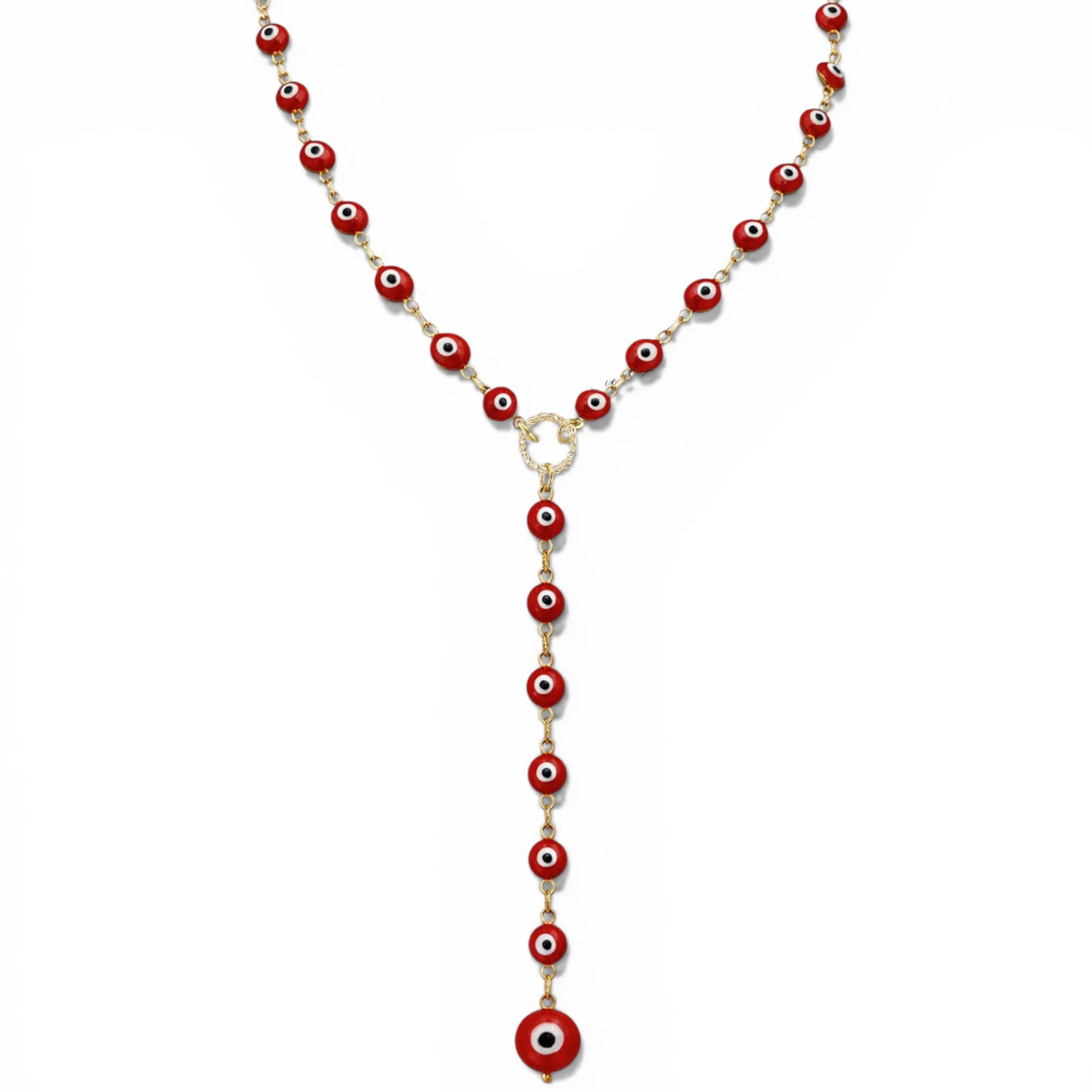 Love Lisa Lucia Evil Eye Y Necklace featuring a gold chain with an evil eye pendant on a white background.