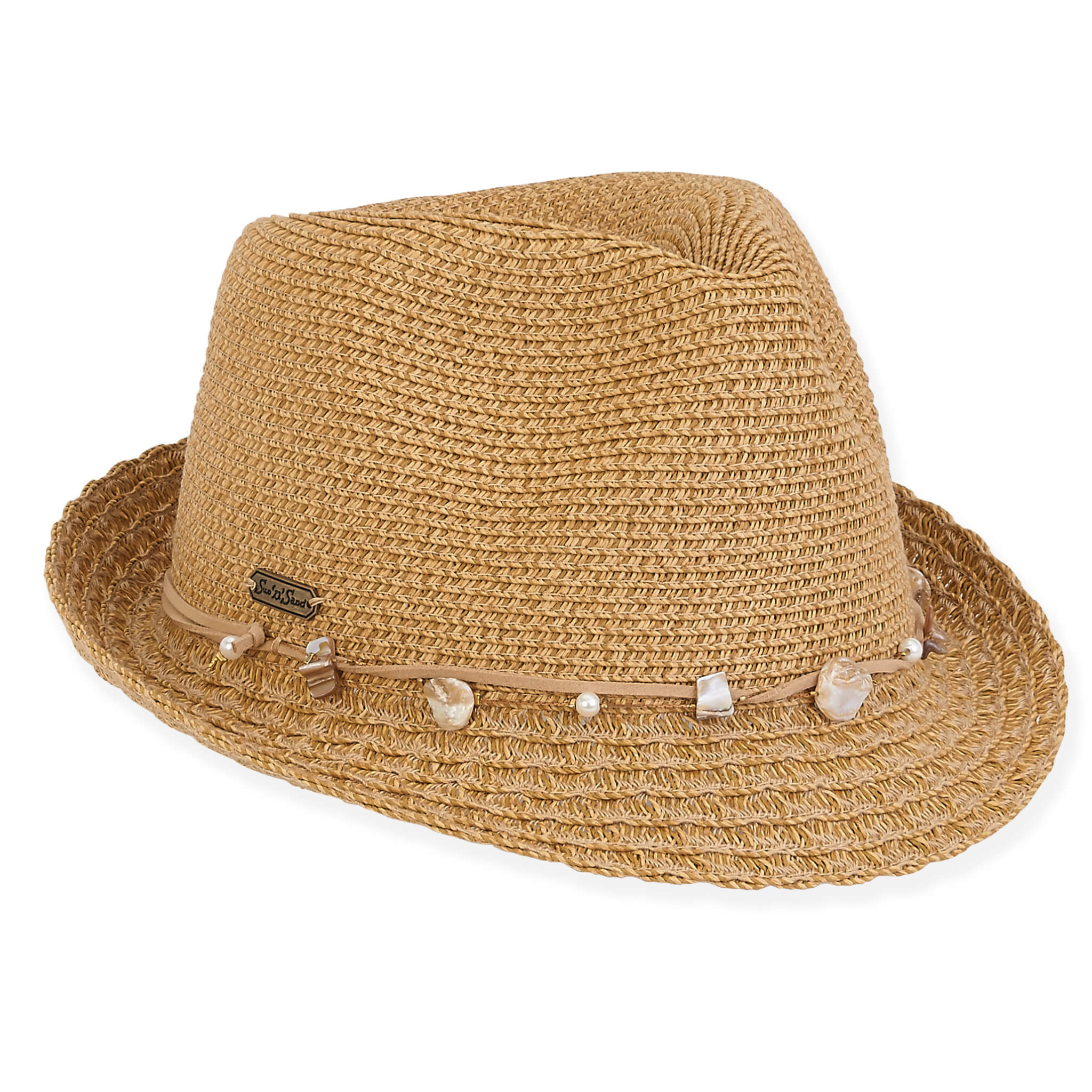 Women's paper straw fedora hat with freshwater pearl accents by Sun N Sand, featuring a stylish and breathable design.