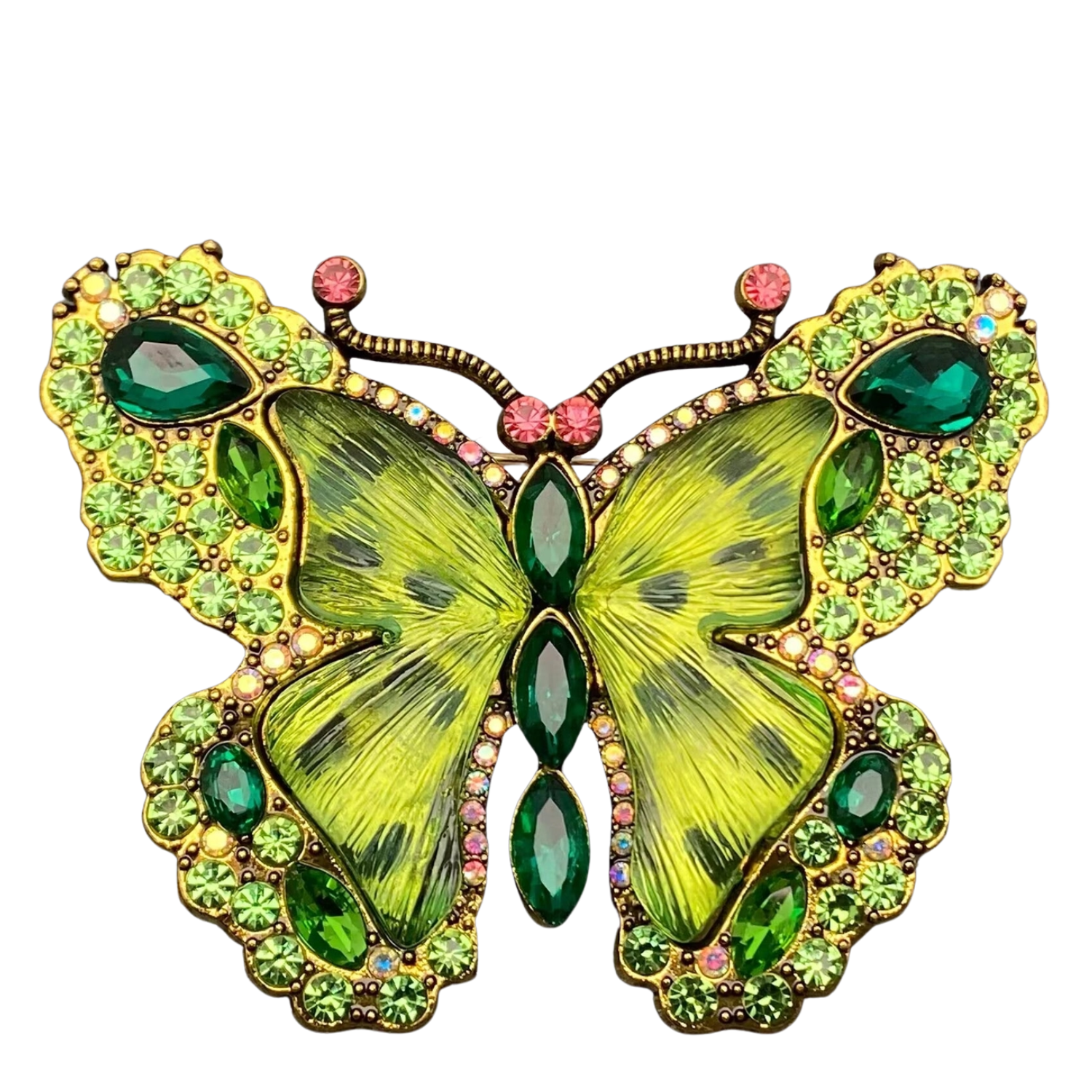 Glass and rhinestone butterfly brooch pin with large wings, featuring intricate details and a sparkling, elegant design.