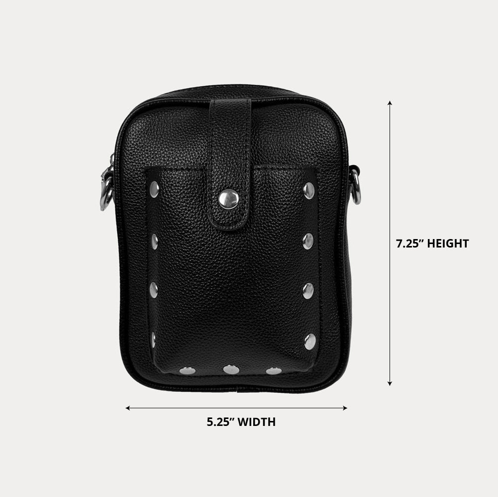 Black AHDORNED Maya studded vegan pebble leather crossbody bag with gold-tone hardware and adjustable strap.
