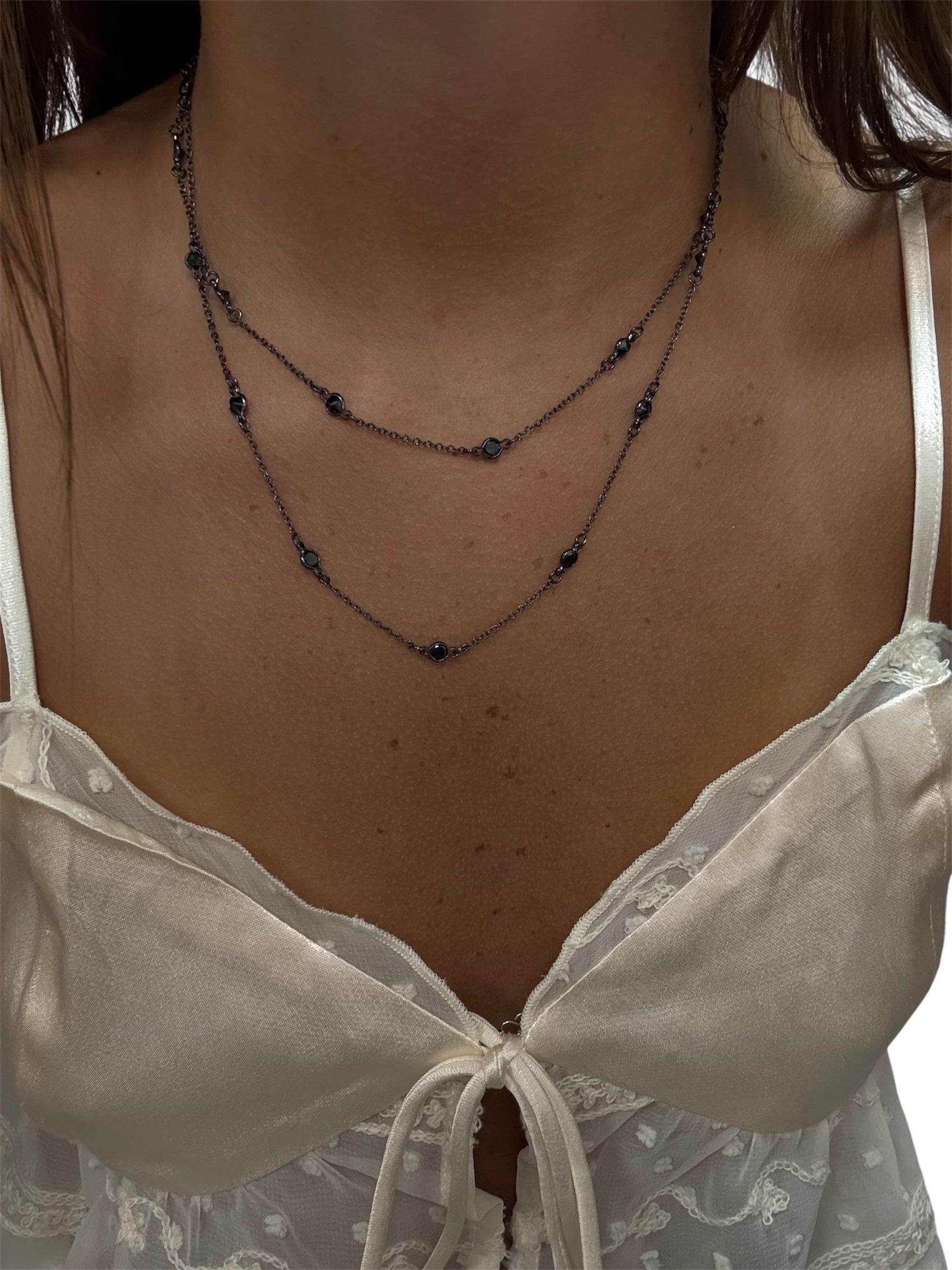 Black CZ Double Layered Necklace - Sterling Silver 925