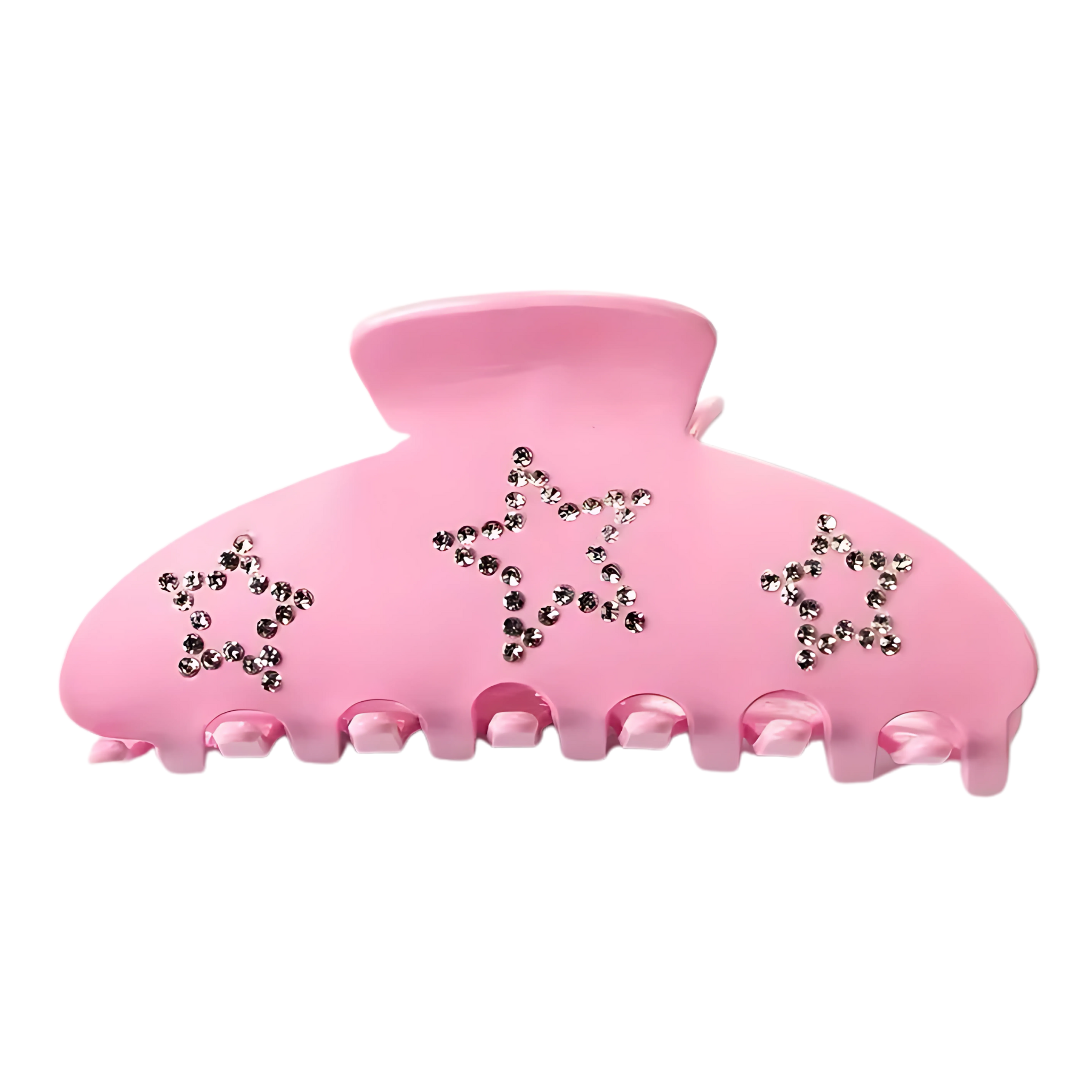 Pink hair clip with star and crown designs on a white background