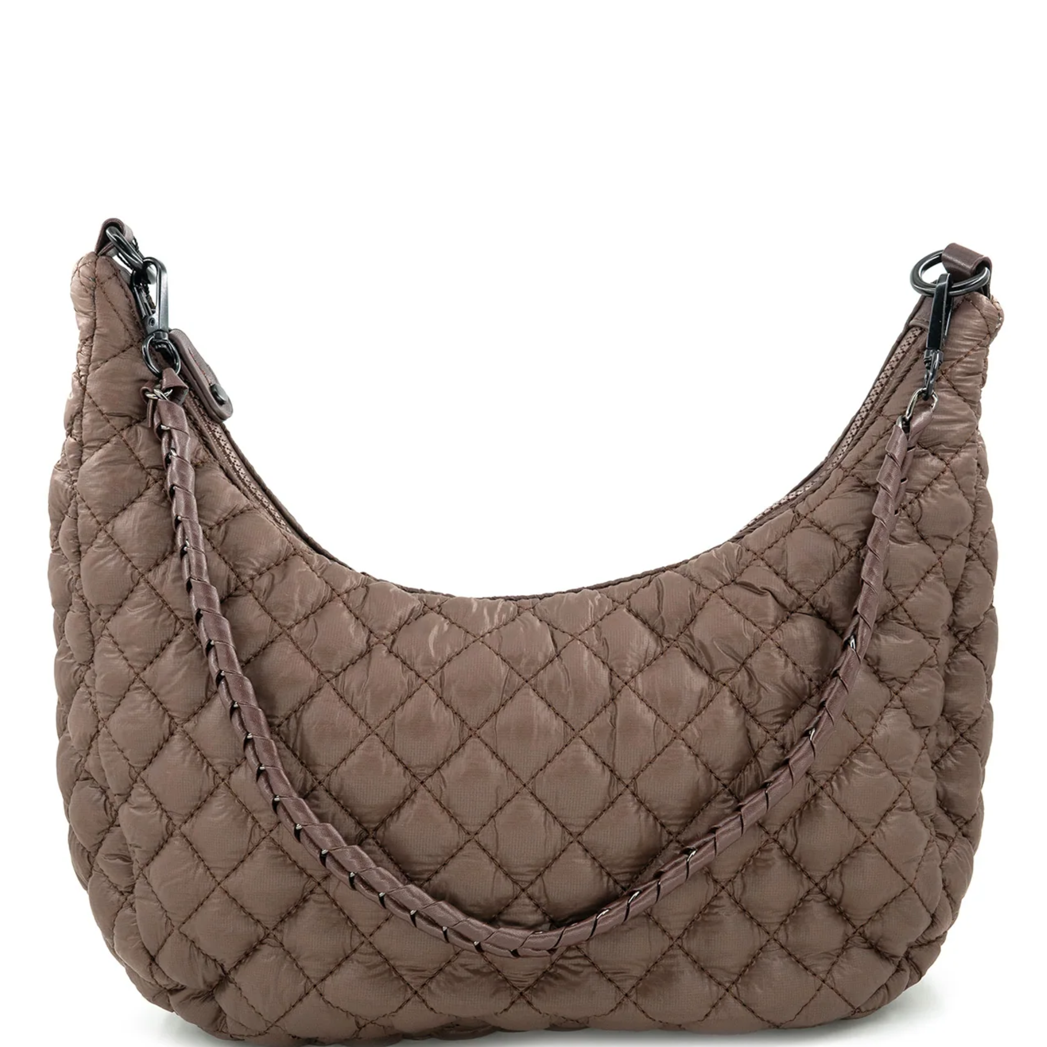 Quilted brown handbag on a white background