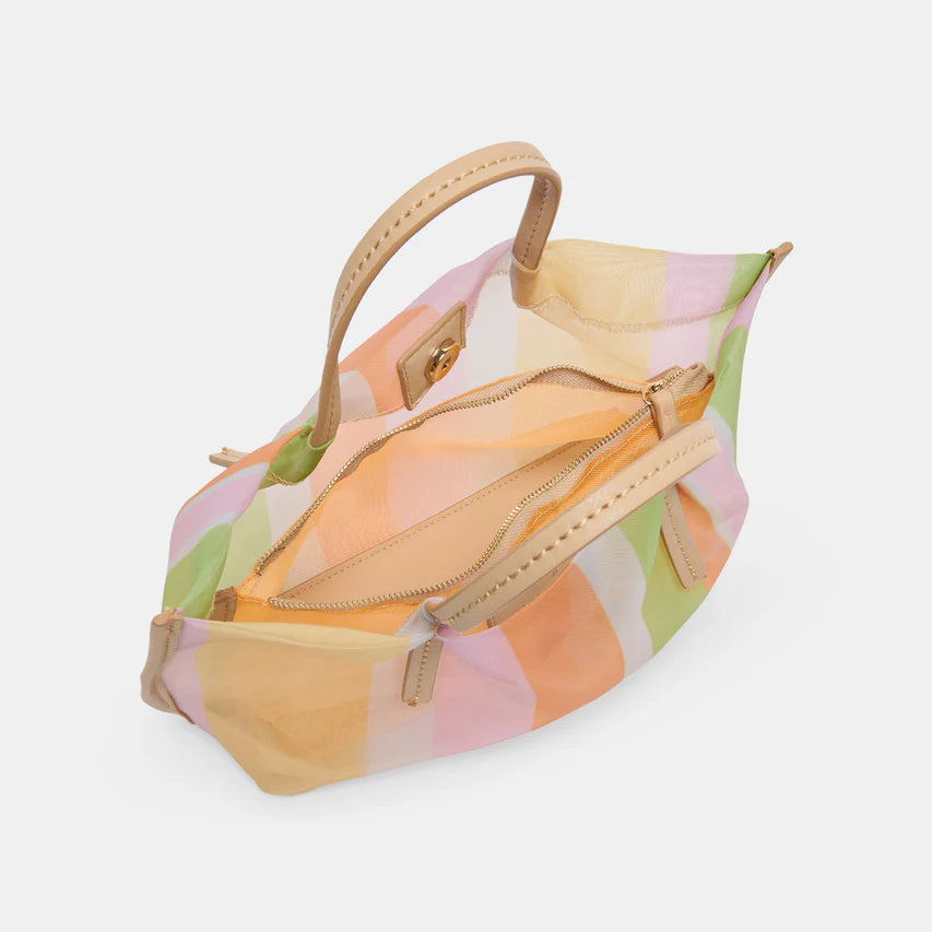 Dolce Vita Selene Mesh Handbag with see-through design and top handle, showcasing stylish and modern fashion accessory.