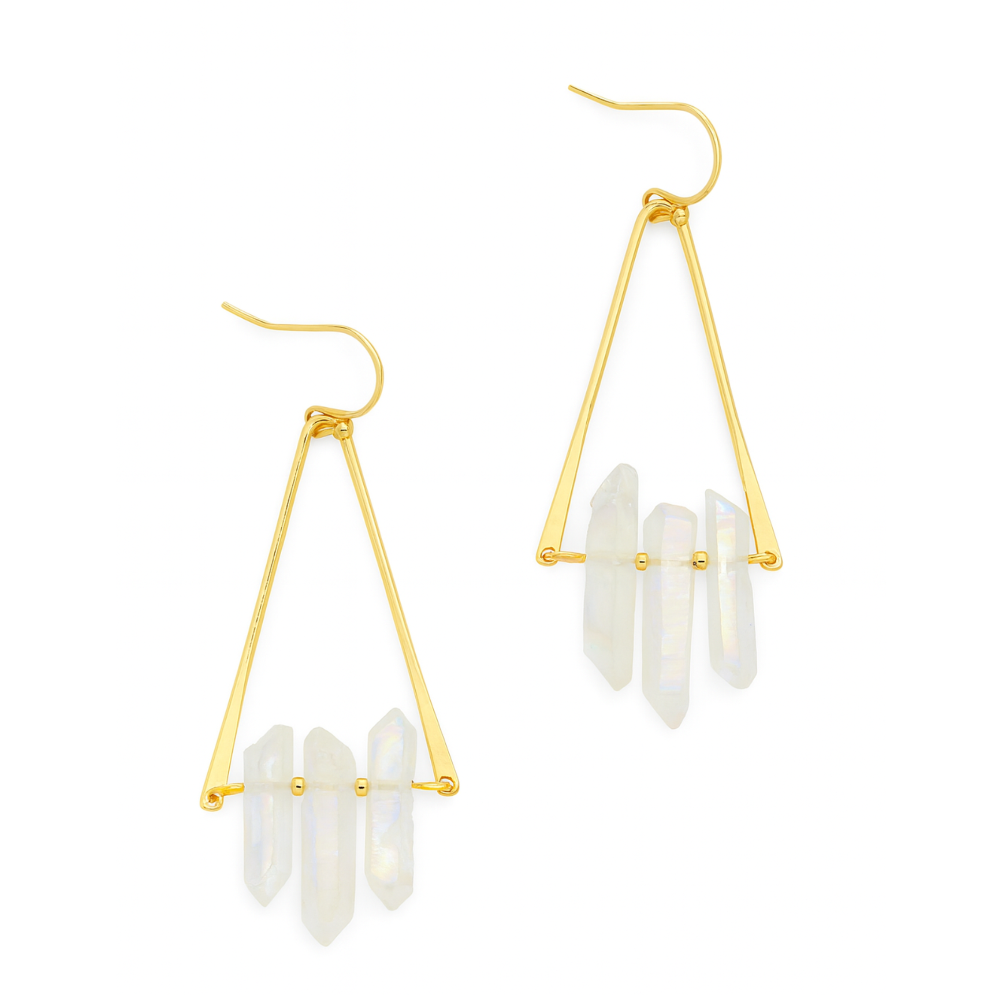 Tri Crystal Fish Hook Earring- AB Clear Quartz