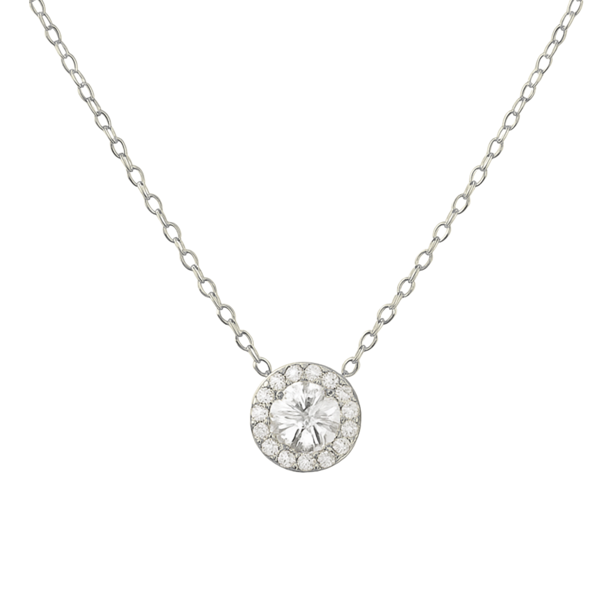 Silver necklace with a round pendant on a white background