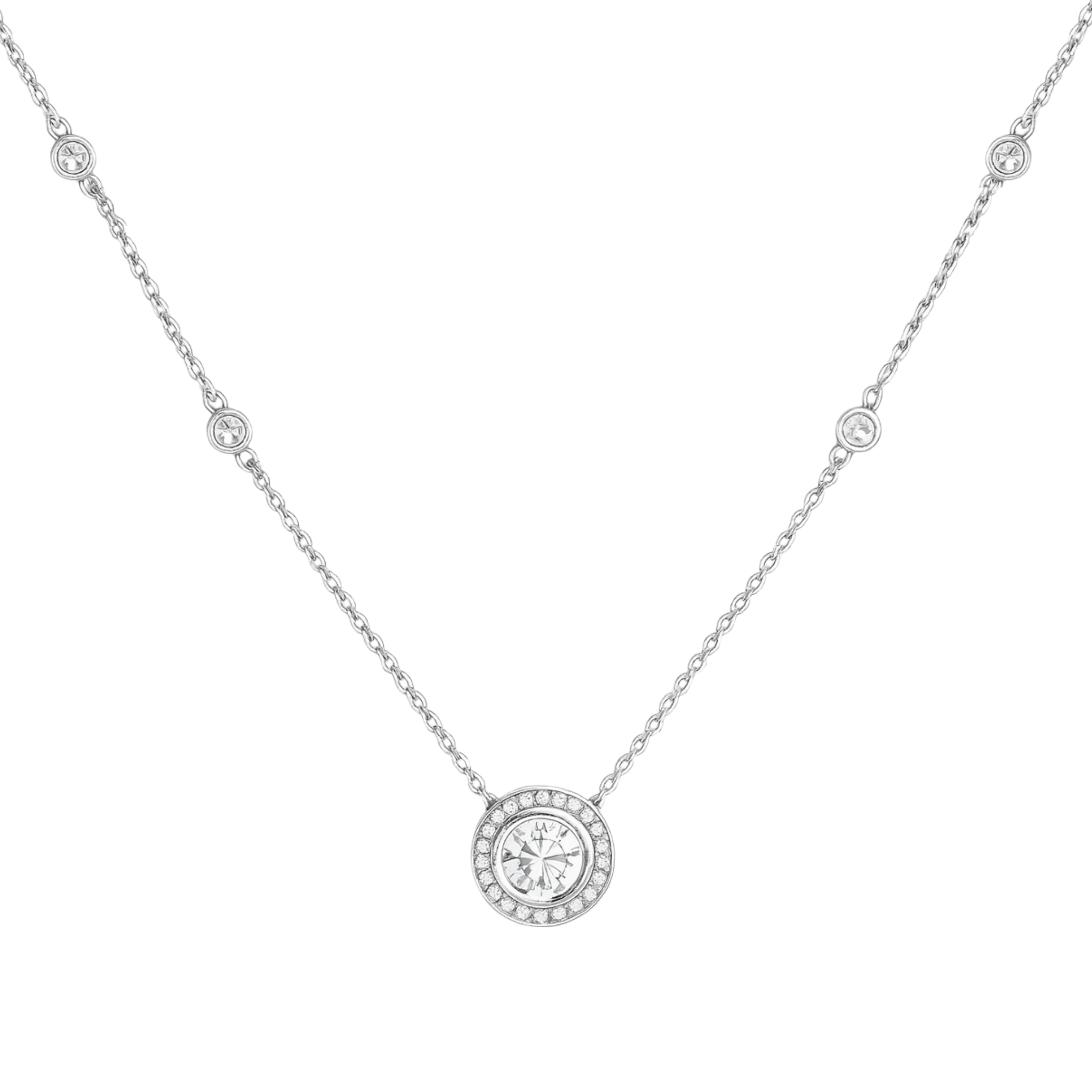 Silver necklace with a round pendant on a white background