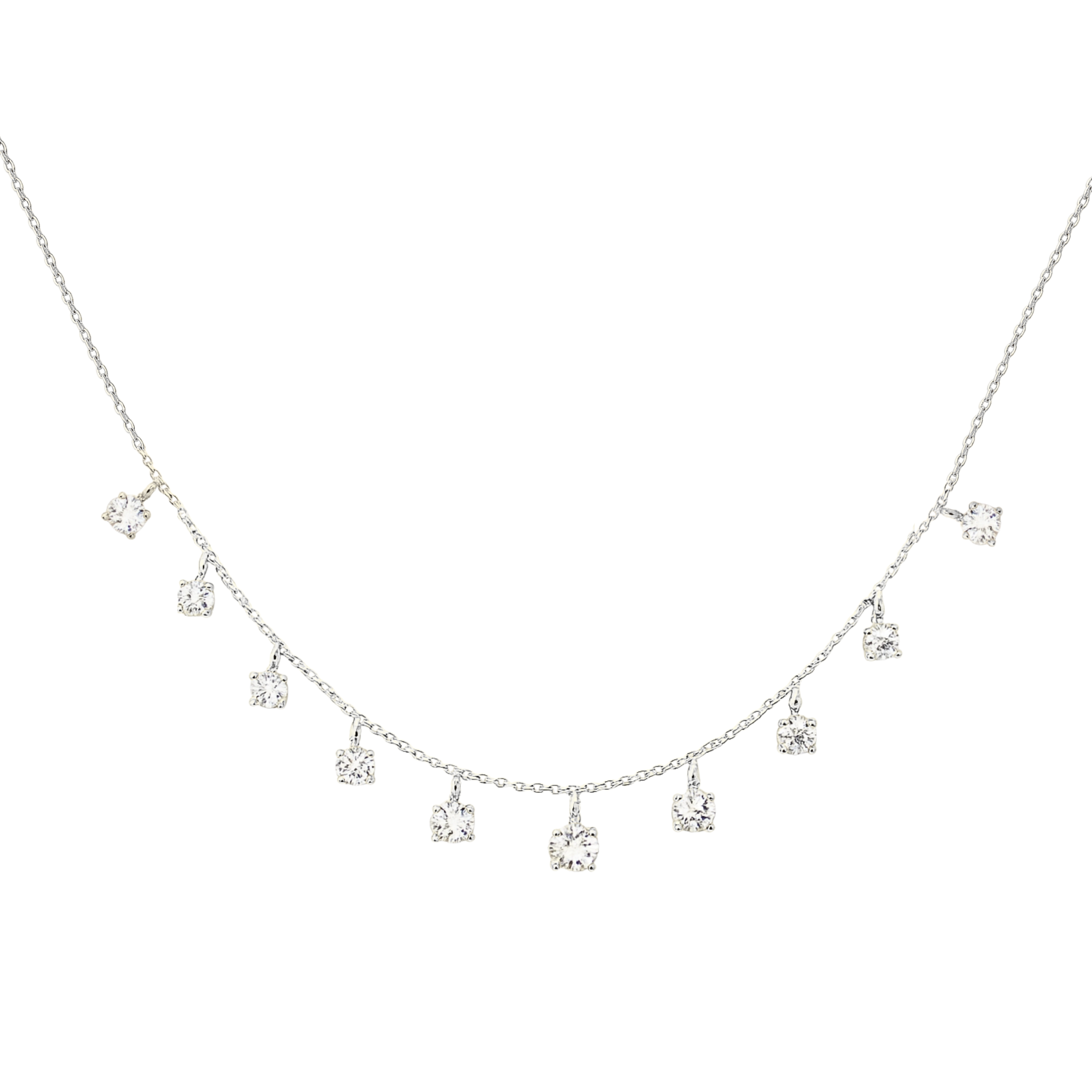 Silver necklace with small diamond-like pendants on a white background