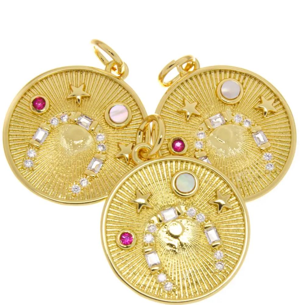 Gold Horseshoe Good Luck Charm with Pink Cz & Moonstone