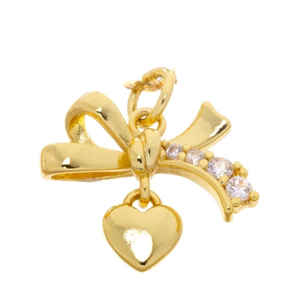 Gold Ribbon Bow Tie Heart Cz Charm