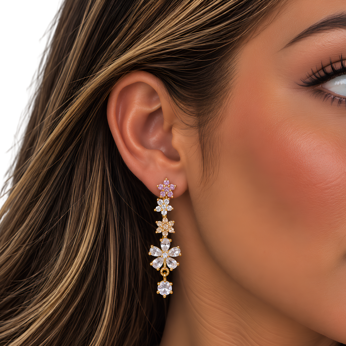 Pastel Multi Flower And CZ Hanging Studs