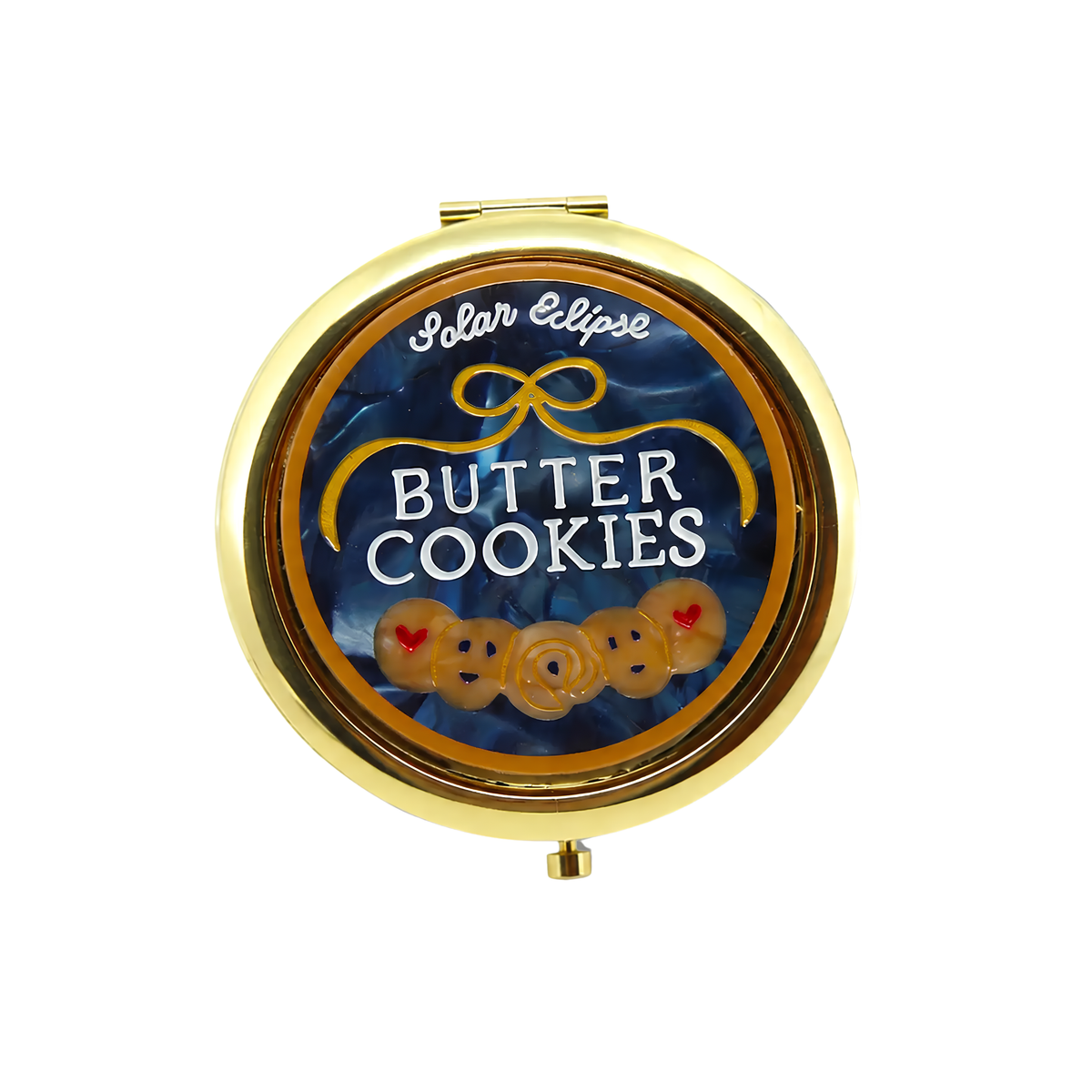 Solar Eclipse Hand-Painted Butter Cookies Handbag Hero Pill compact mirror with colorful, detailed butter cookie design on the cover.