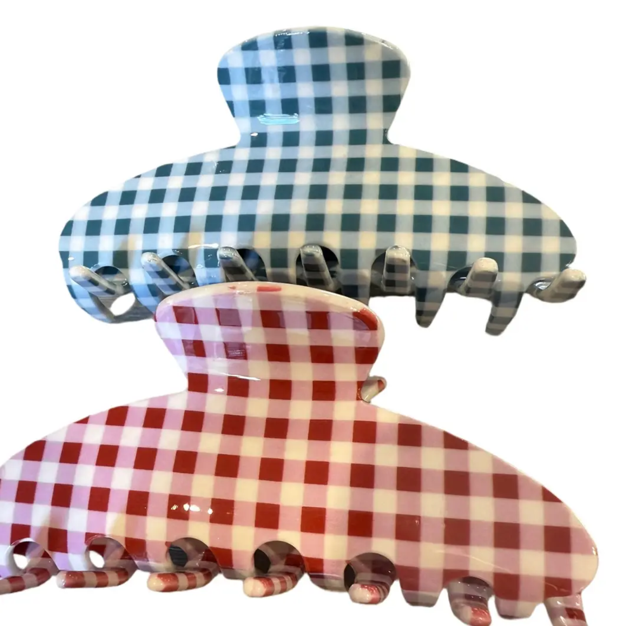 Private label gingham hair clips featuring classic black and white checkered pattern, perfect for stylish hair accessories.