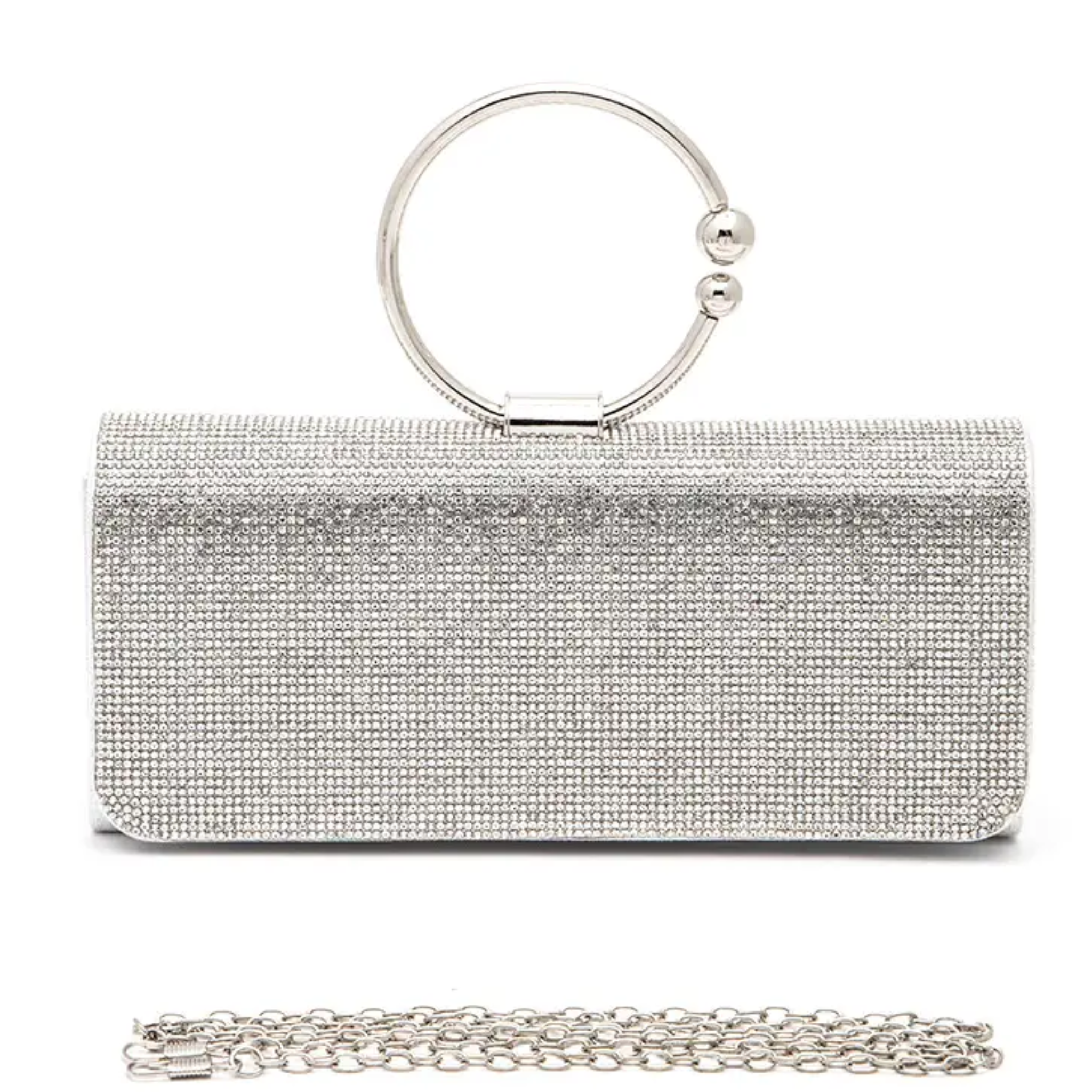 Elegant circle handle rhinestone evening clutch bag with sparkling embellishments, perfect for formal events and special occasions.