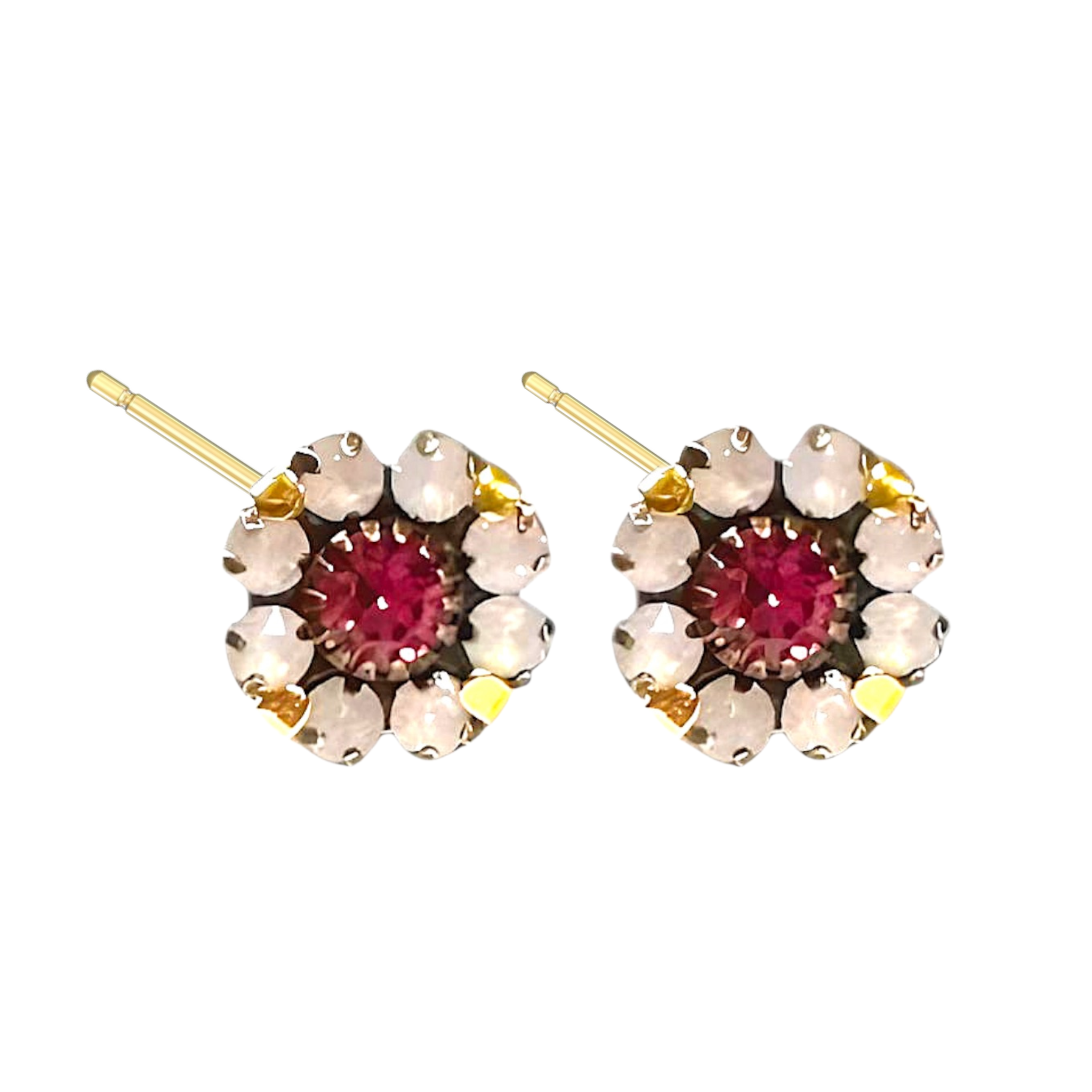 Floral earring studs featuring delicate flower designs in vibrant colors on a white background.