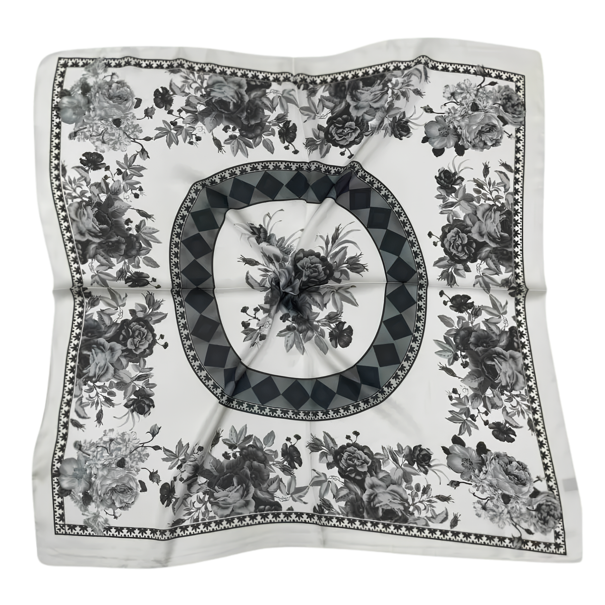 Women’s 27-inch square silky satin shawl by private label, showcasing smooth fabric and elegant drape in a close-up view.