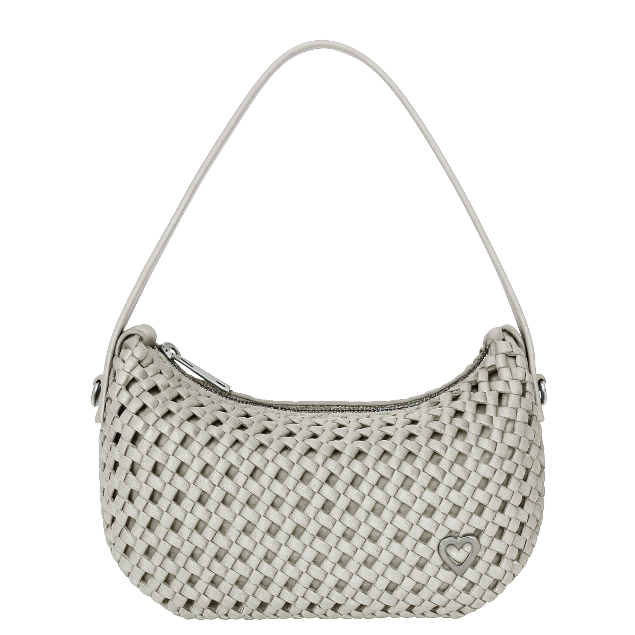 Woven handbag with a heart detail on a white background