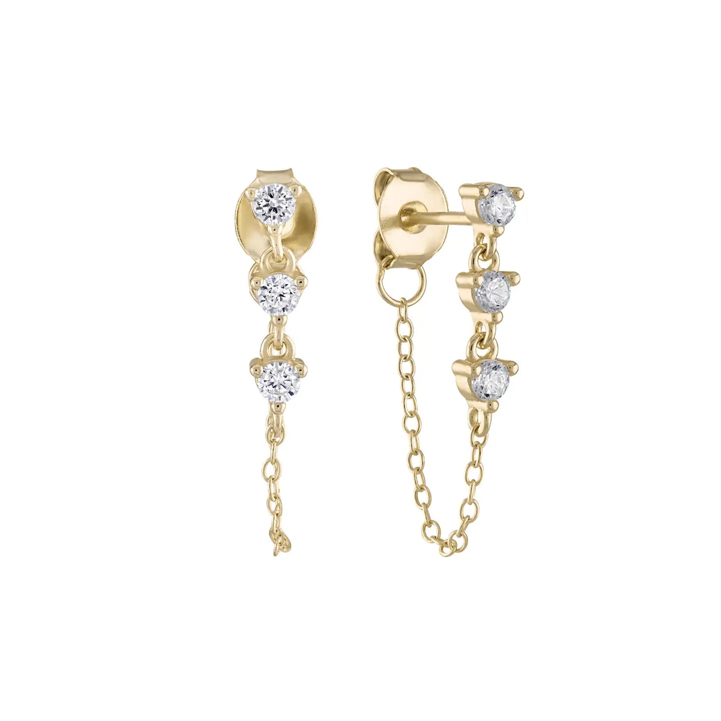 14k Vermeil Cz Dangle Chain Stud Earrings- Mini