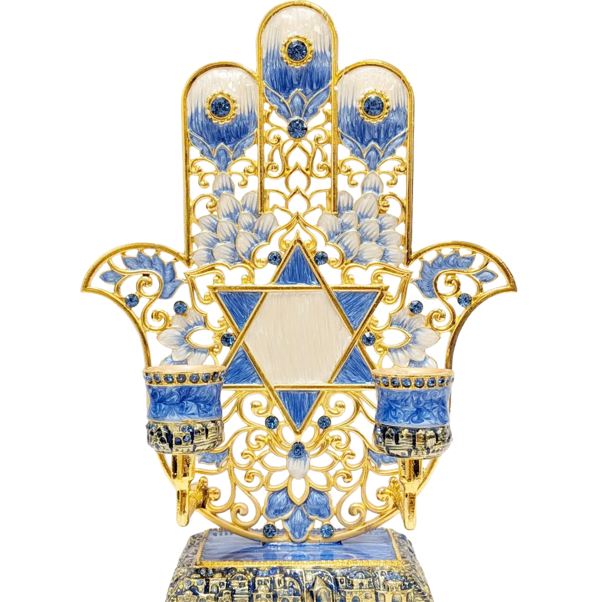 Blue Hamsa Star of David Design Candle Holder
