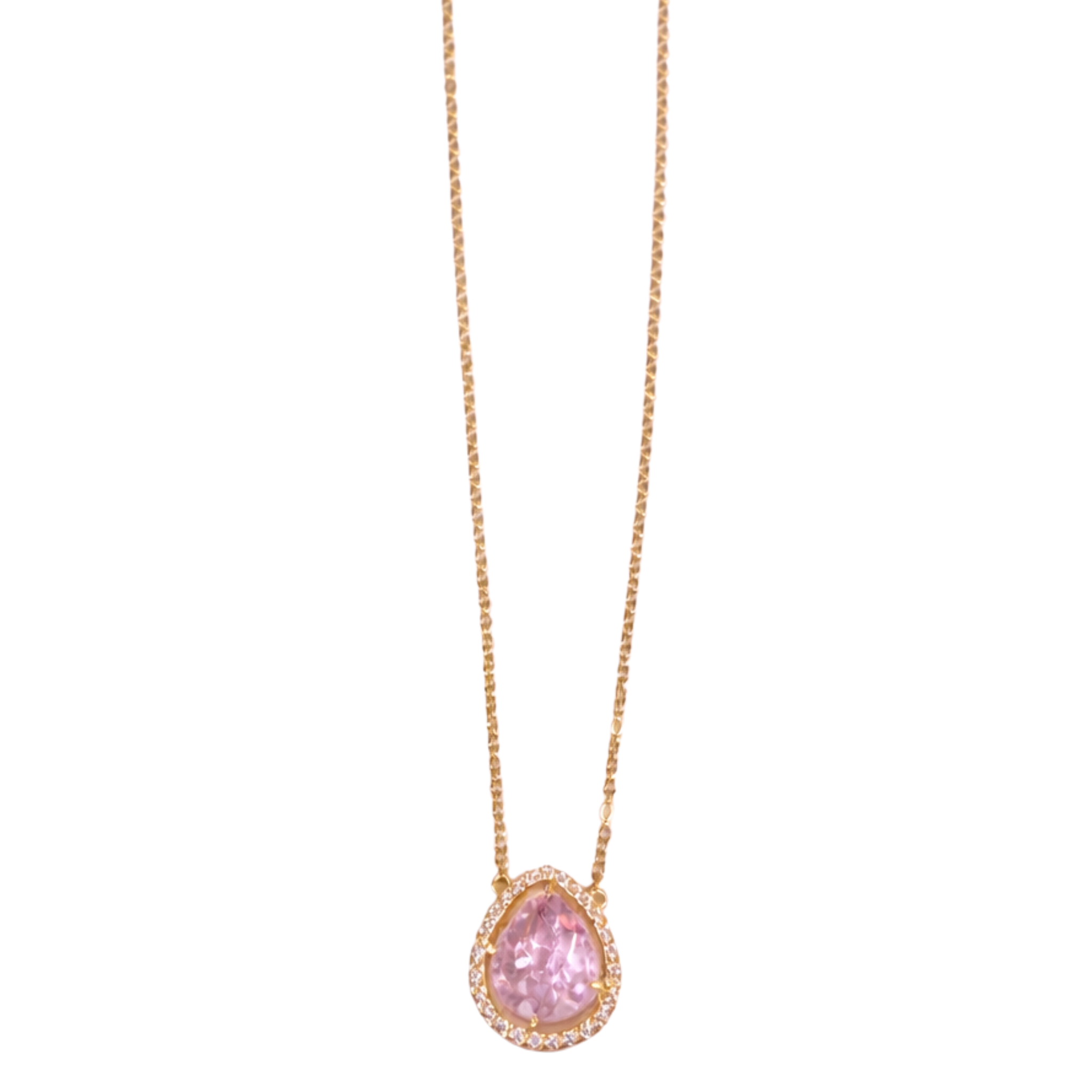 Necklace with a pink teardrop pendant on a white background