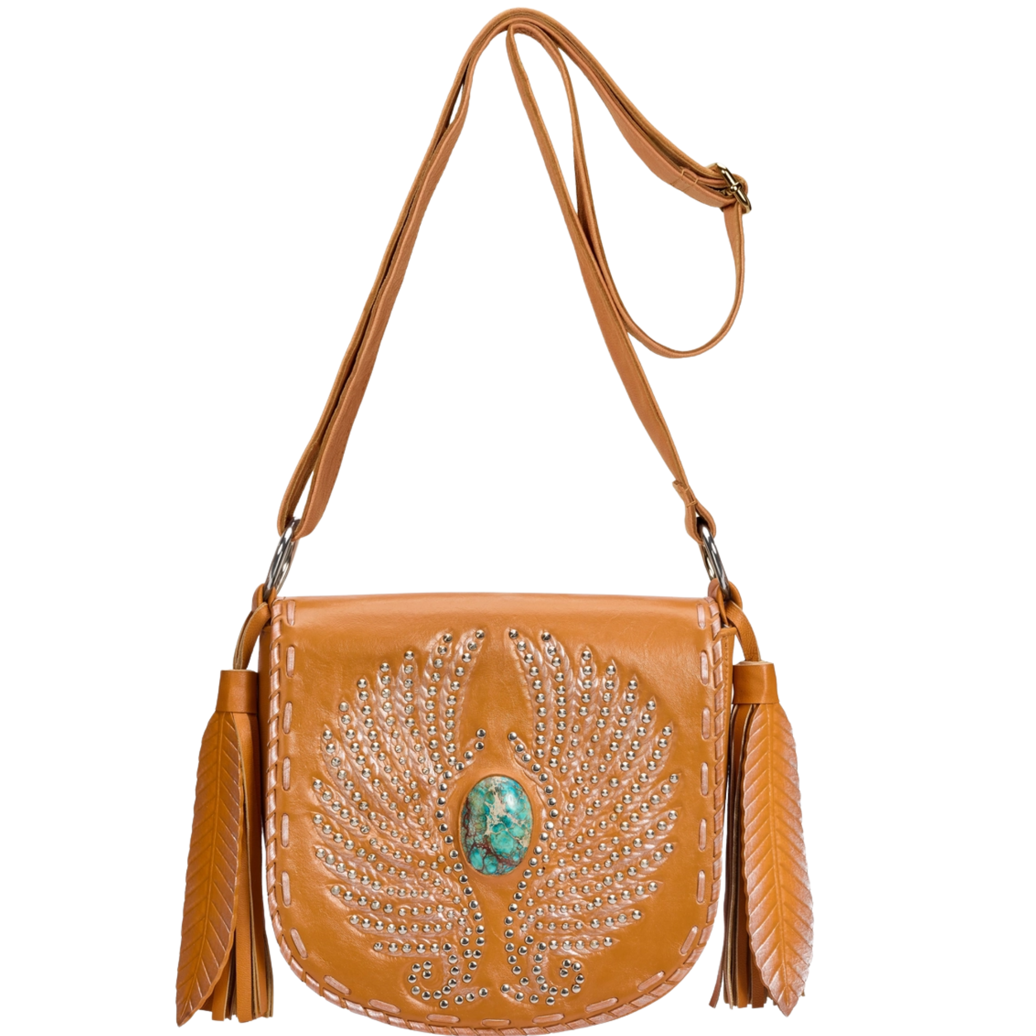 Antique tan leather bag with silver accents and feather detail by Private Label, displayed on a neutral background.
