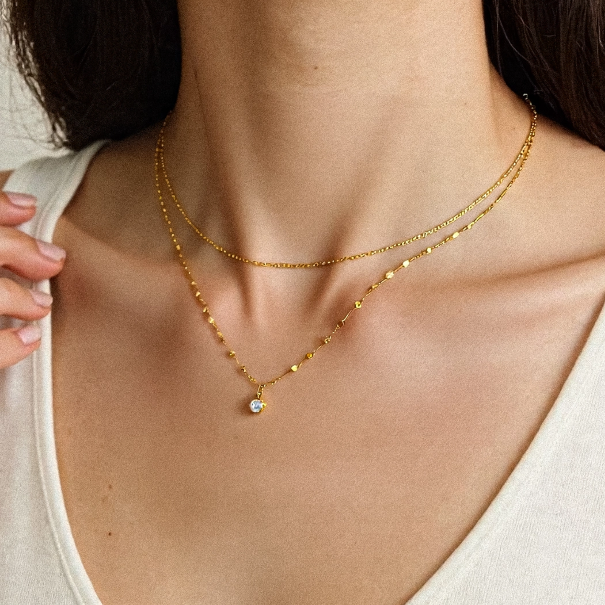 Cerise 18K Gold Non-Tarnish Cz Stone Stacked Necklace