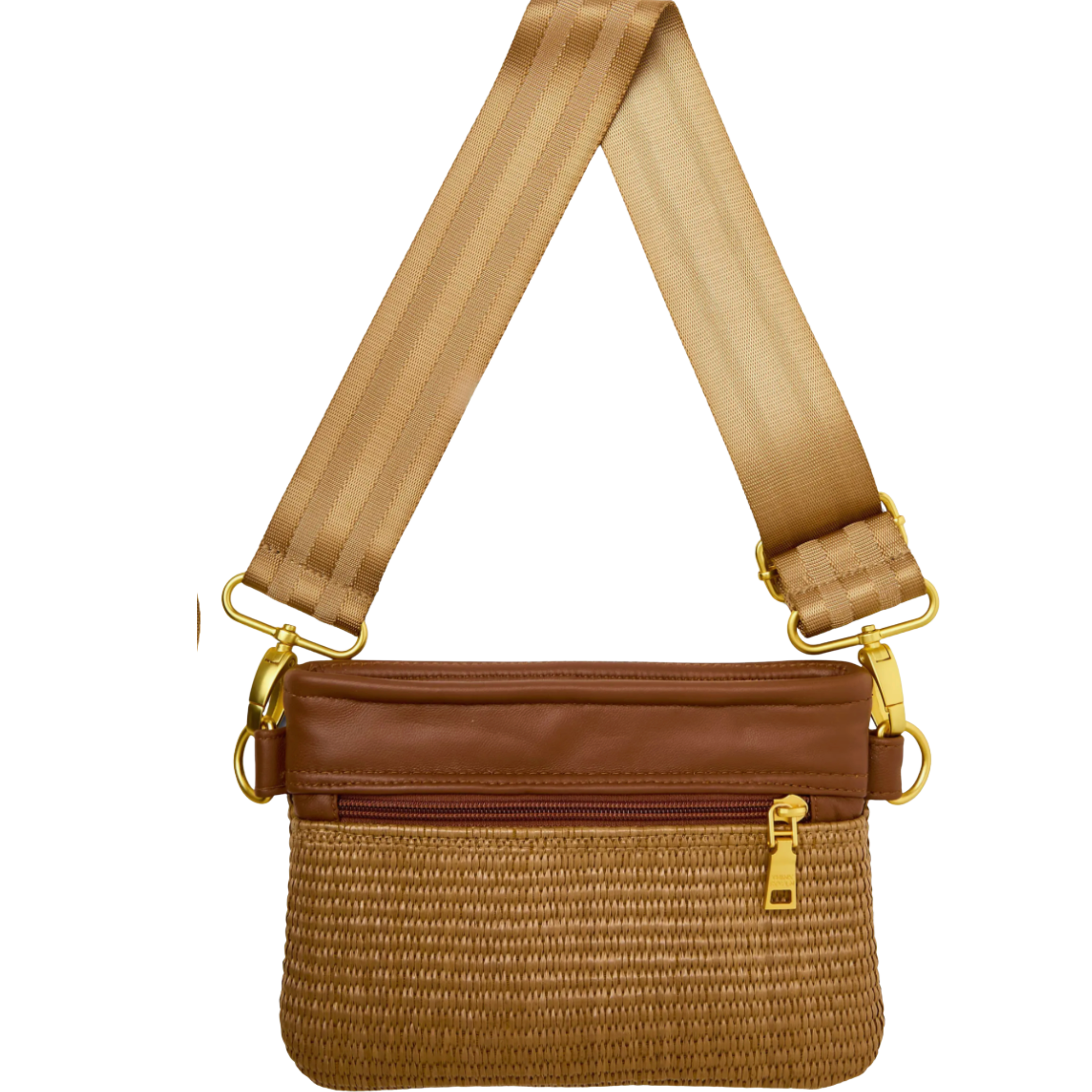 Think Royln raffia convertible belt bag in a stylish design with a heart and bow charm. Perfect for hands-free convenience.