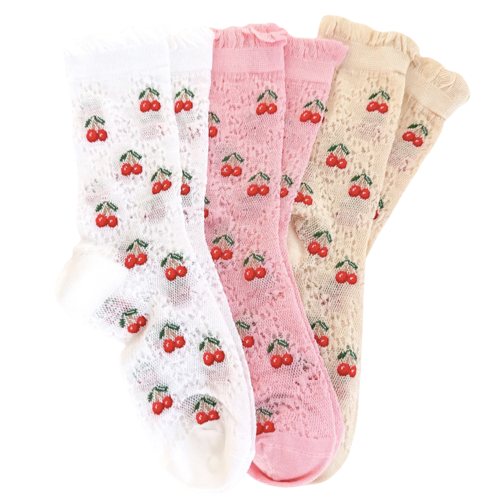 Set of 3 Ellison + Young socks featuring cherry designs, vibrant colors, and a cozy, stylish look for everyday wear.
