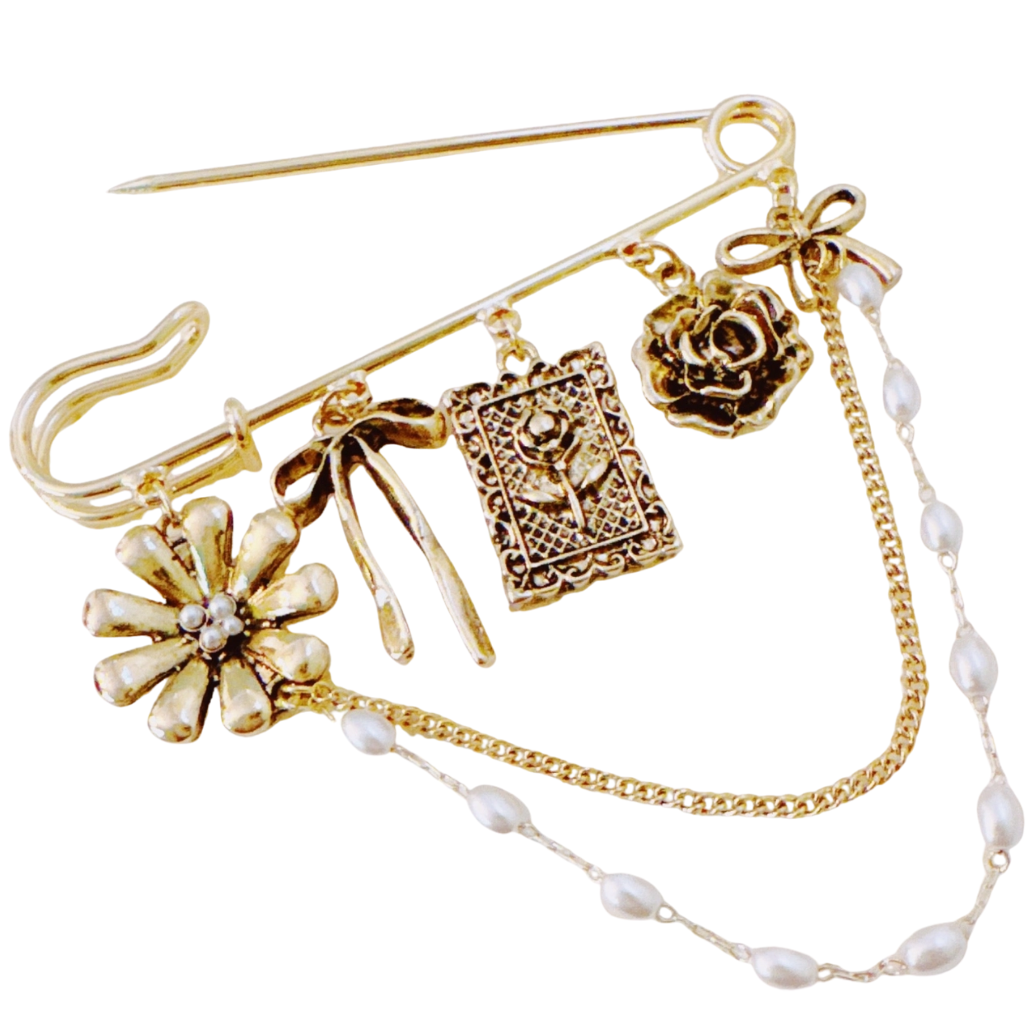 Floral Ribbon Pin Brooch – Elegant Gold Safety Pin with Charms and Pearl Chains