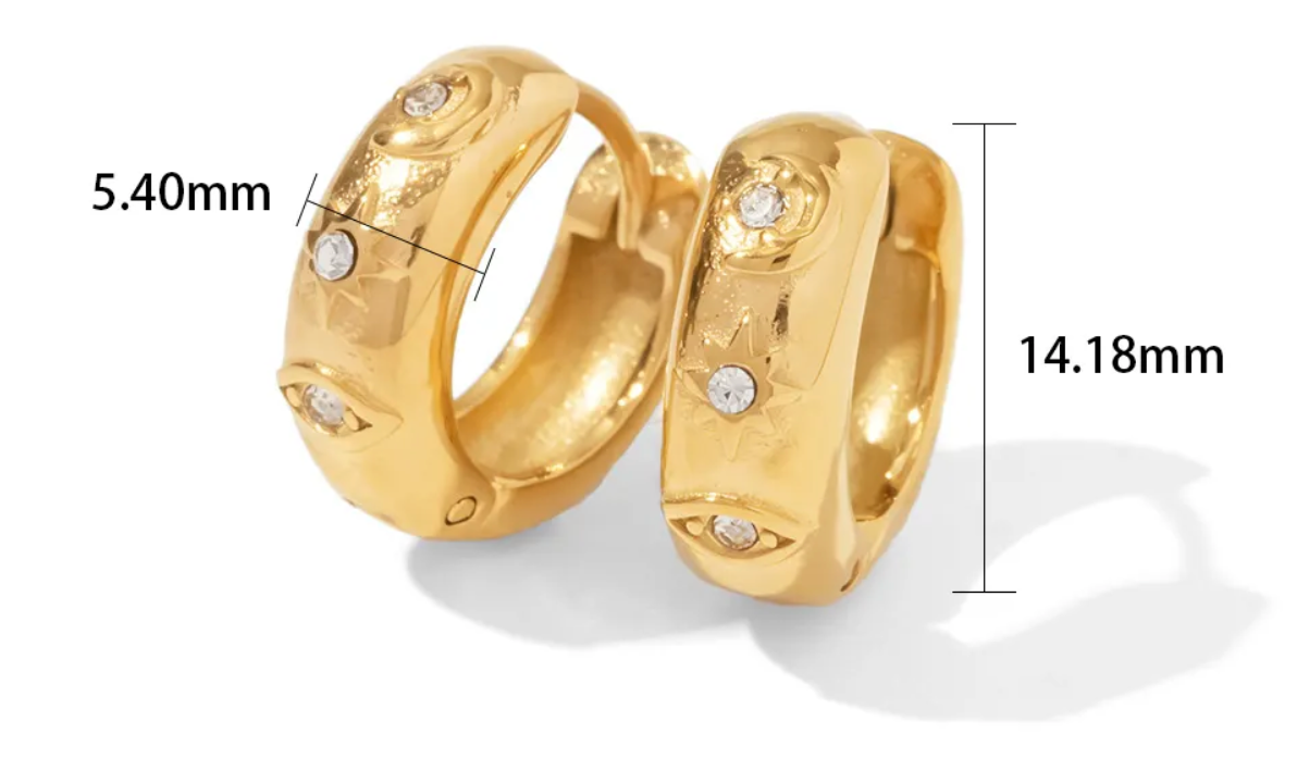 Chubby hoop earrings featuring an evil eye design, adorned with CZ stones, in 18K gold waterproof PVD finish.