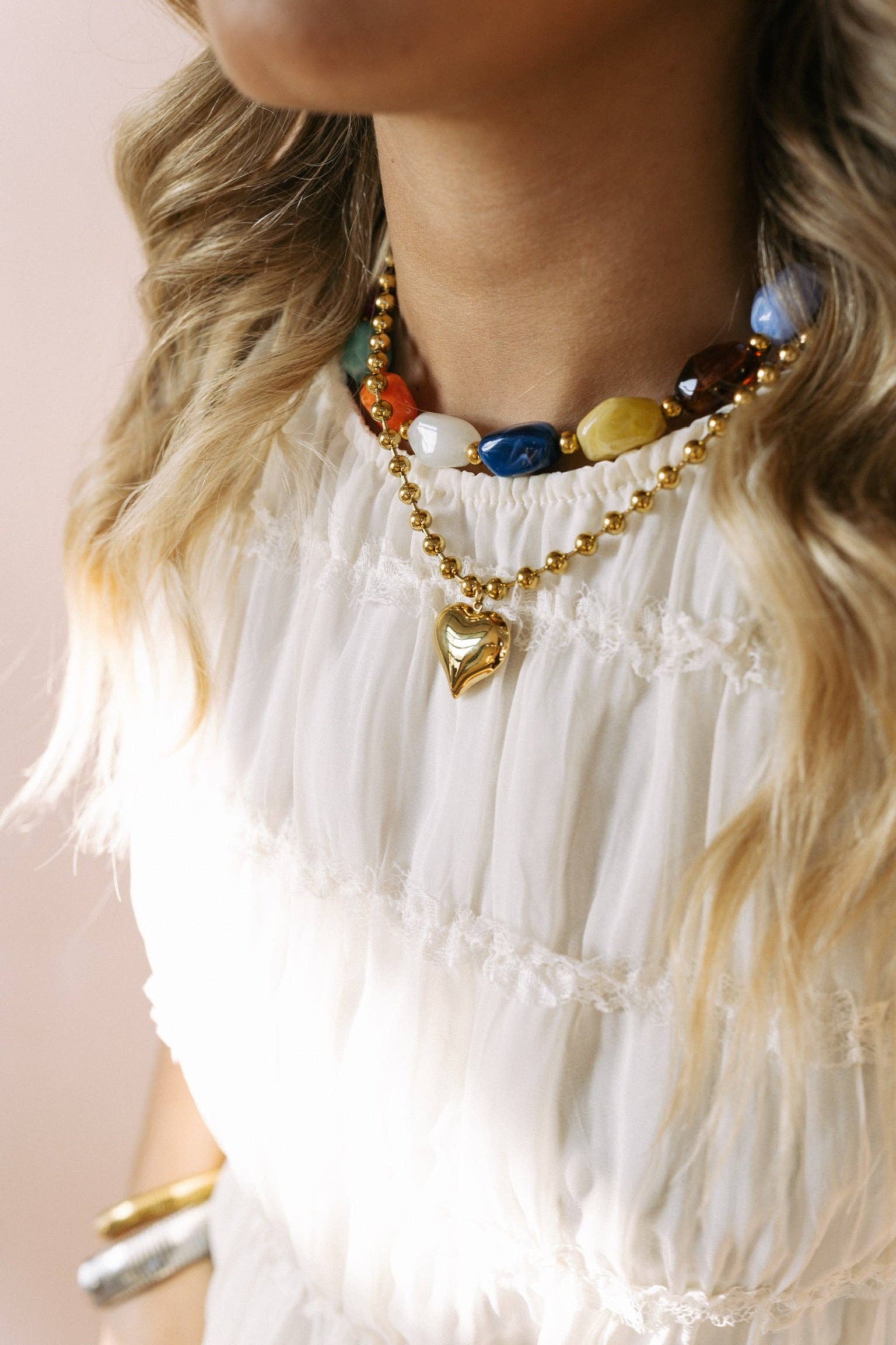 Color Lover Stone Necklace by BELJOY featuring colorful stones on a delicate chain, set against a neutral background.