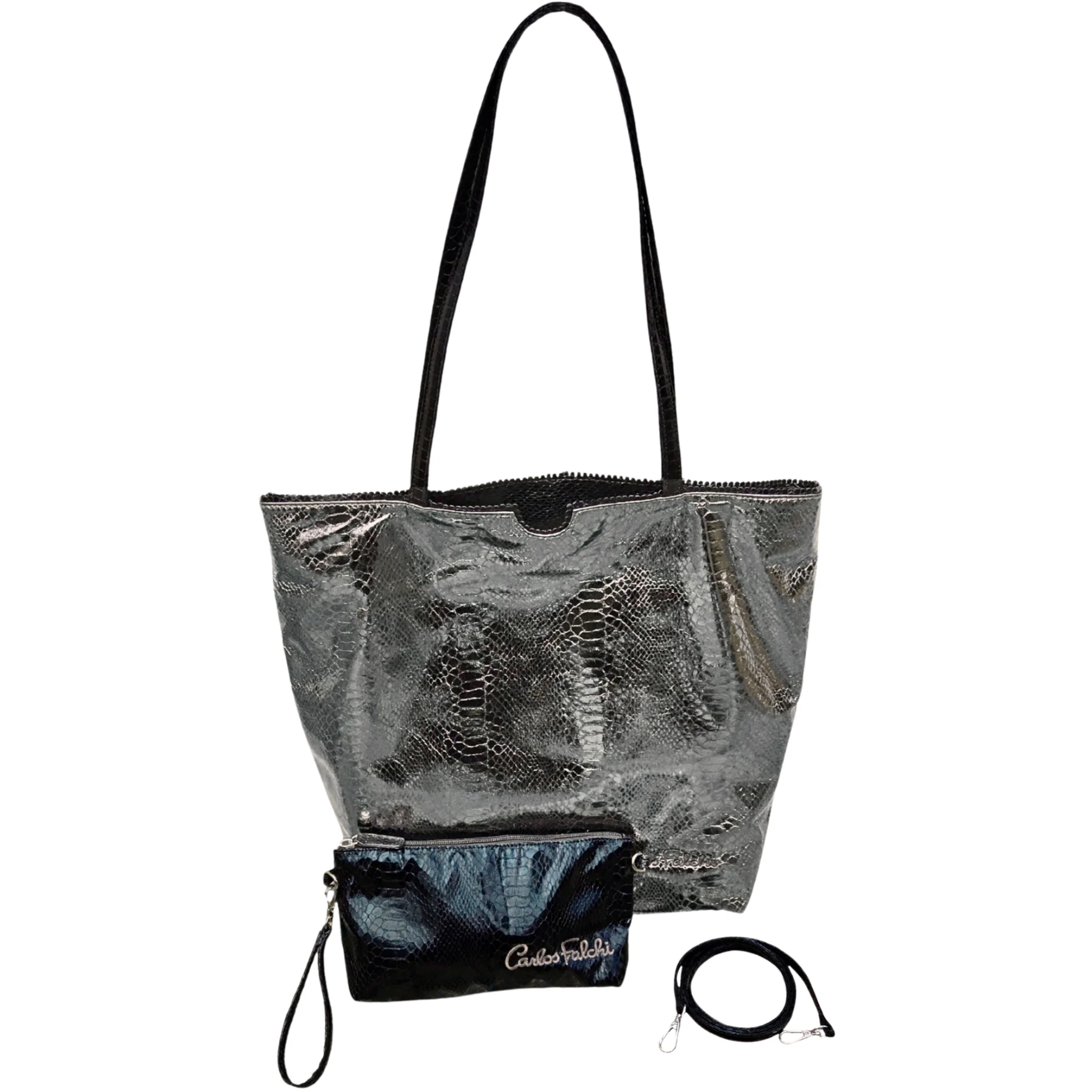 Multicolor vegan python tote bag by Carlos Falchi showing a vibrant, textured leather design with sturdy handles.