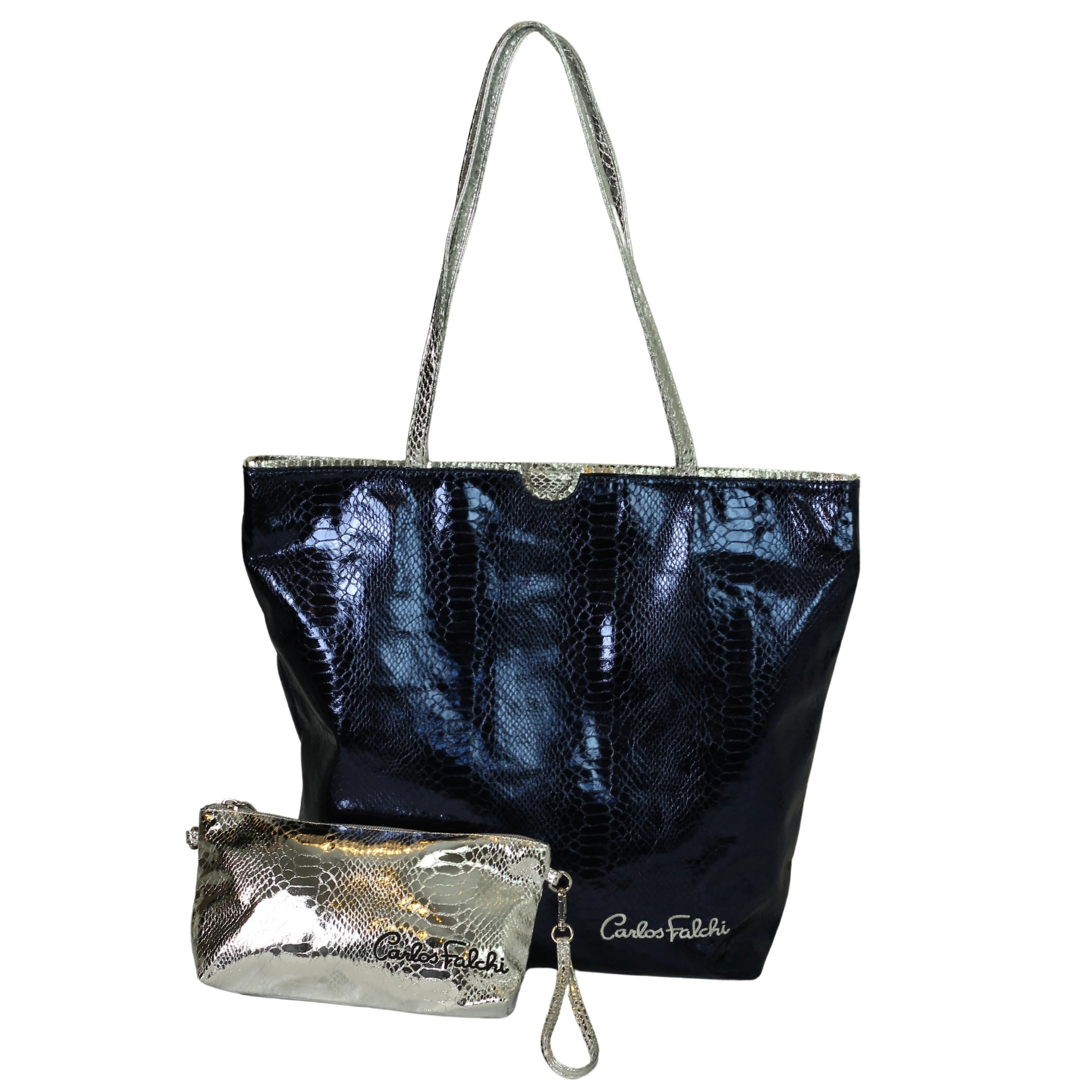 Colorful vegan python leather tote bag by Carlos Falchi with multicolor Daisy pattern and sturdy handles.