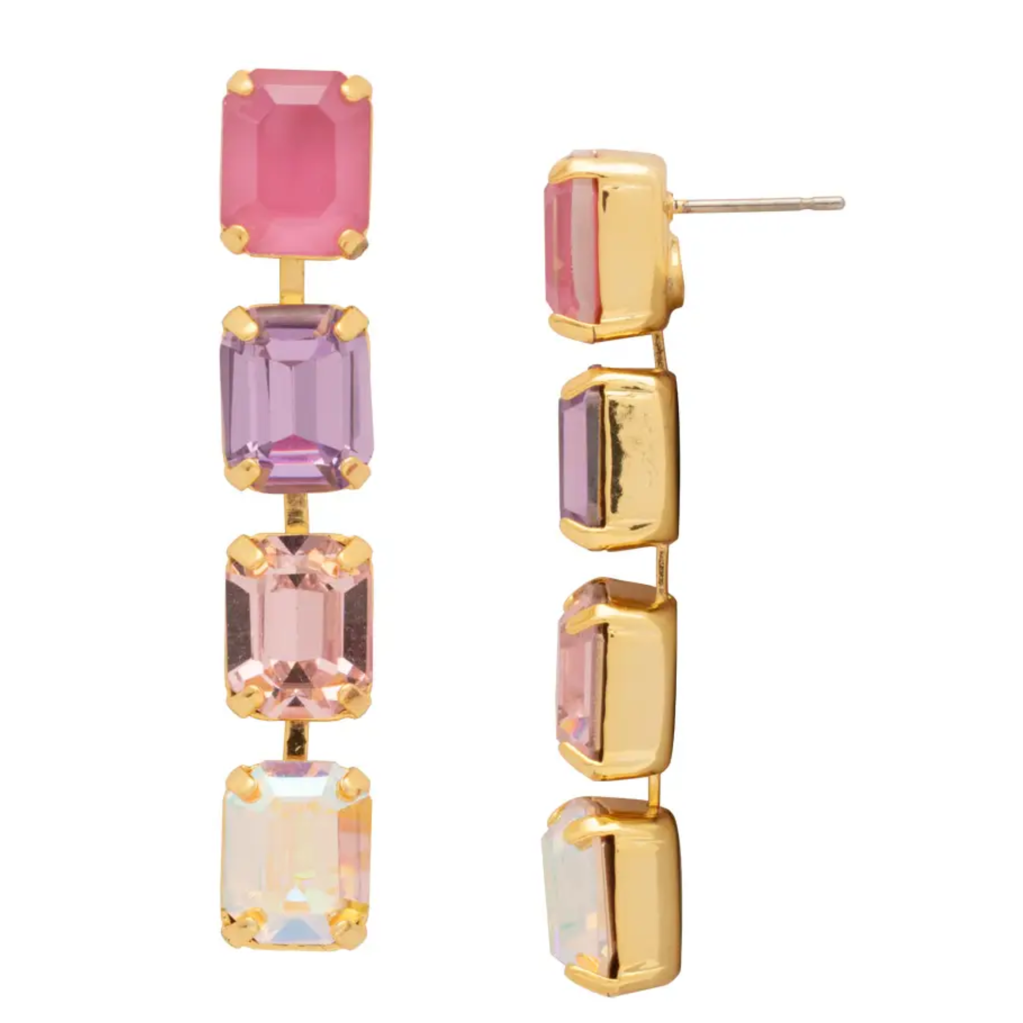 Sorrelli Octavia repeating dangle earrings with multicolor daisies, intricate metalwork, and vibrant floral design.