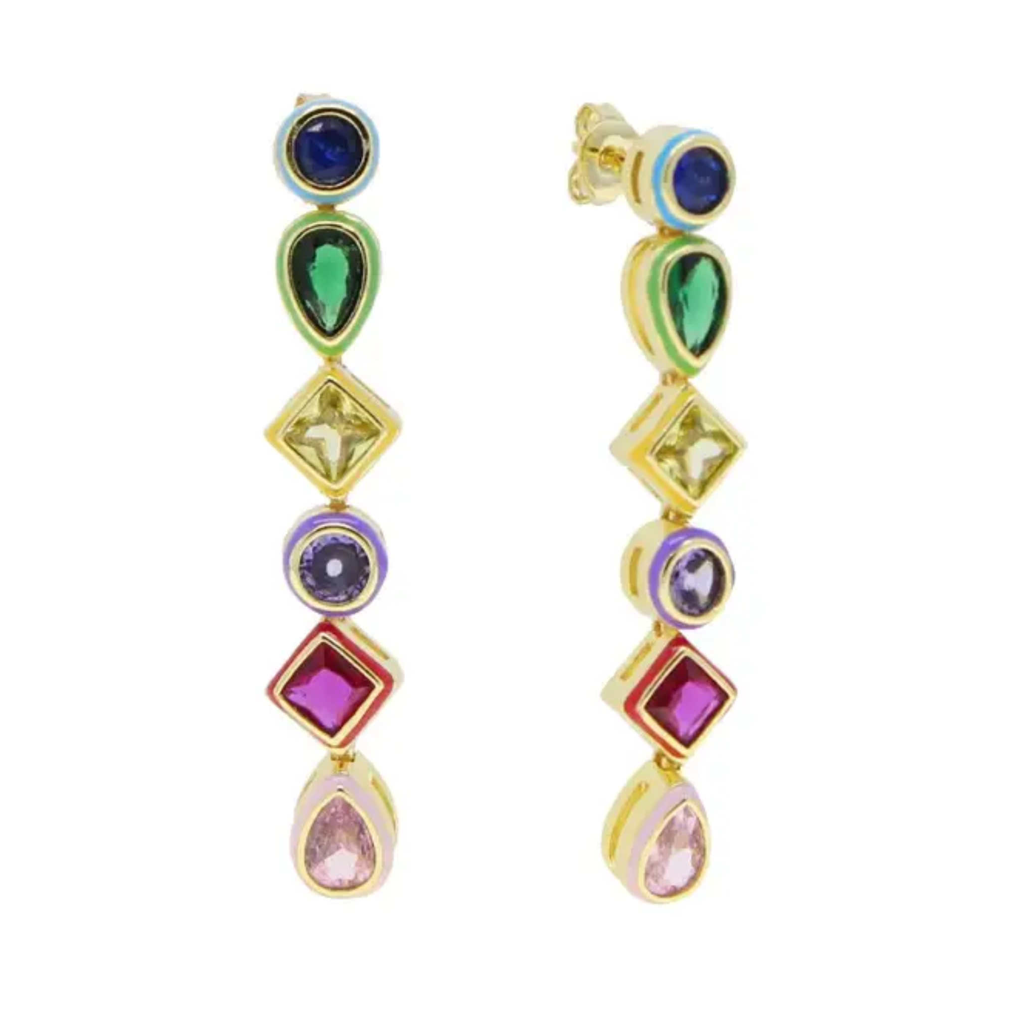 Colorful multi-jewel drop earrings by Private Label featuring vibrant, multi-colored gemstones and elegant clip-on earring design.