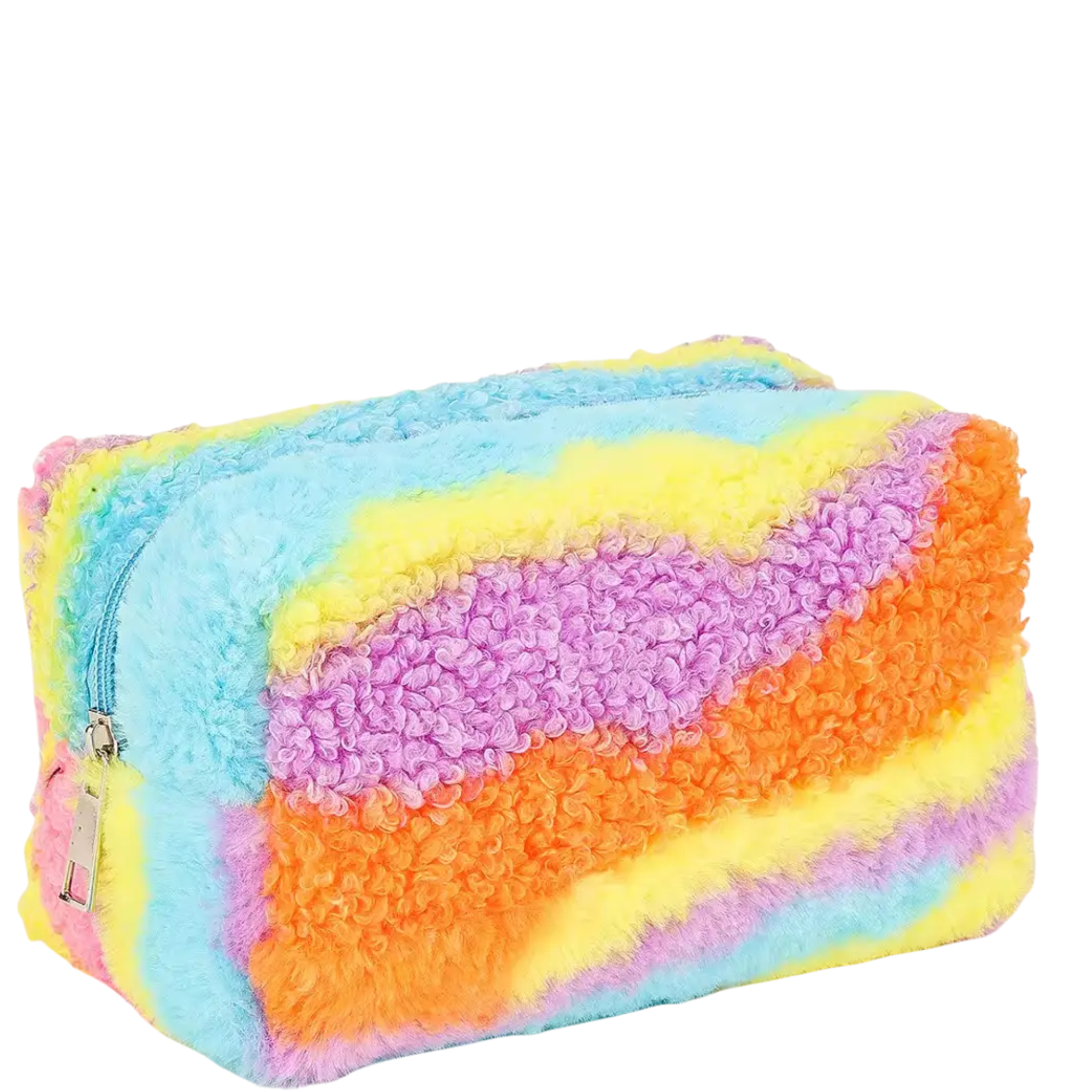 Multicolored plush makeup pouch with zipper closure, soft fabric, and compact design for storing cosmetics and beauty essentials.