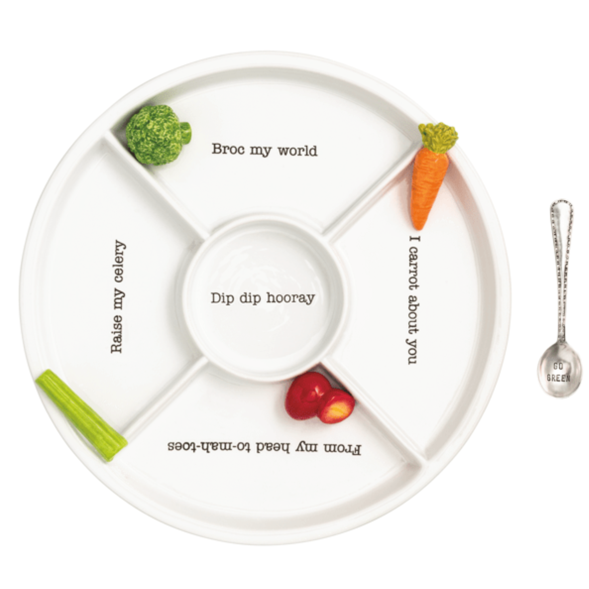 Colorful veggie crudité giftware set by Mud Pie, featuring multicolored clips and fresh vegetable display for entertaining.