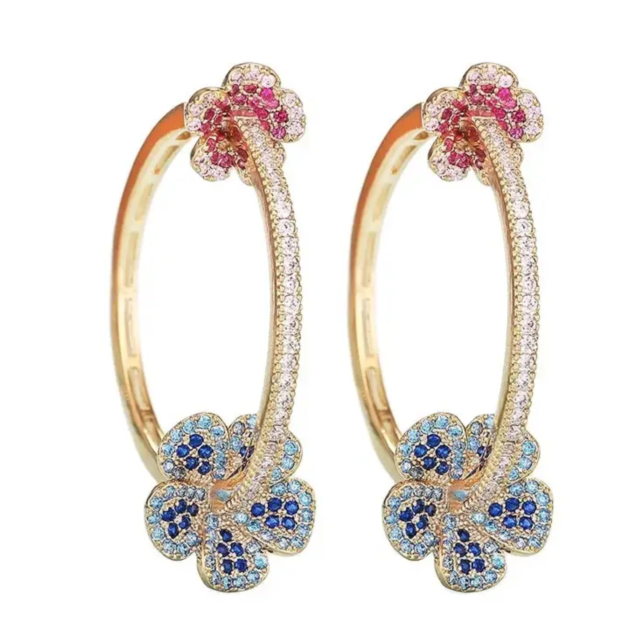 Colorful pave flower hoop earrings by Private Label featuring multicolor floral design and gold-tone hoops.