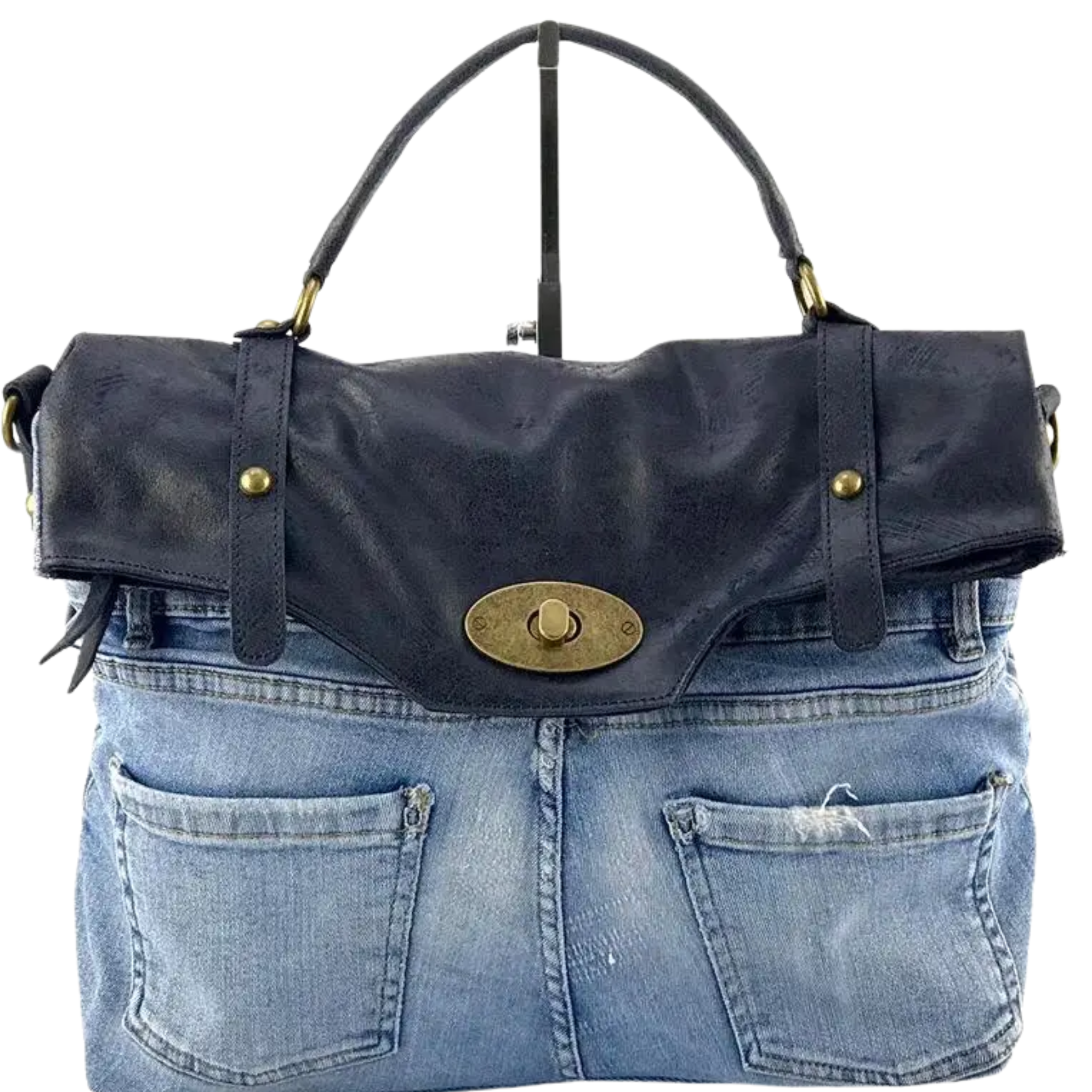 Multi-color vintage denim tote bag with leather patch from Private Label's Postina Leonardo collection, featuring a spacious design.