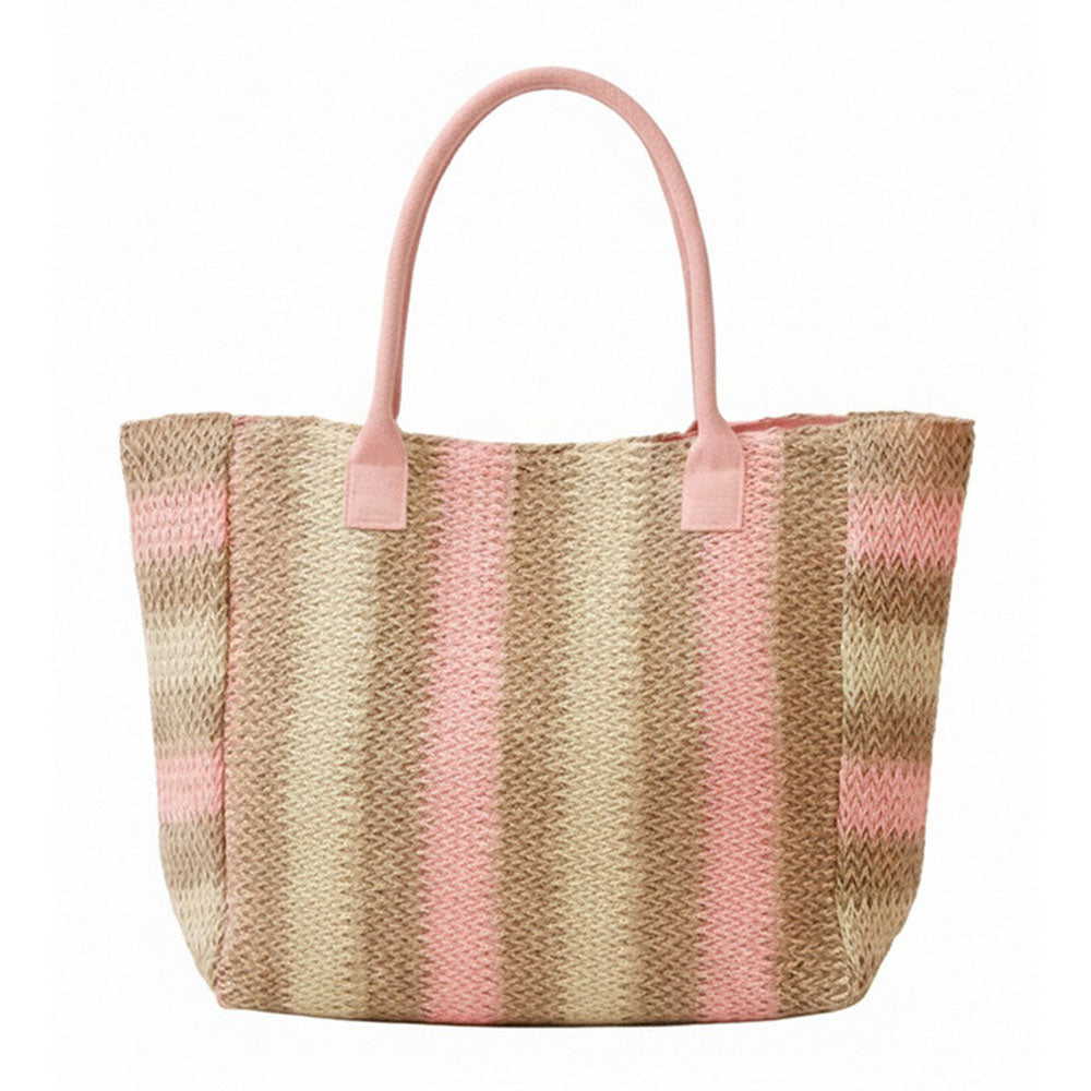 Natural multi-color stripe straw tote bag, Sensibling Corp. beach bag with woven straw, colorful striped pattern, perfect for summer outings.