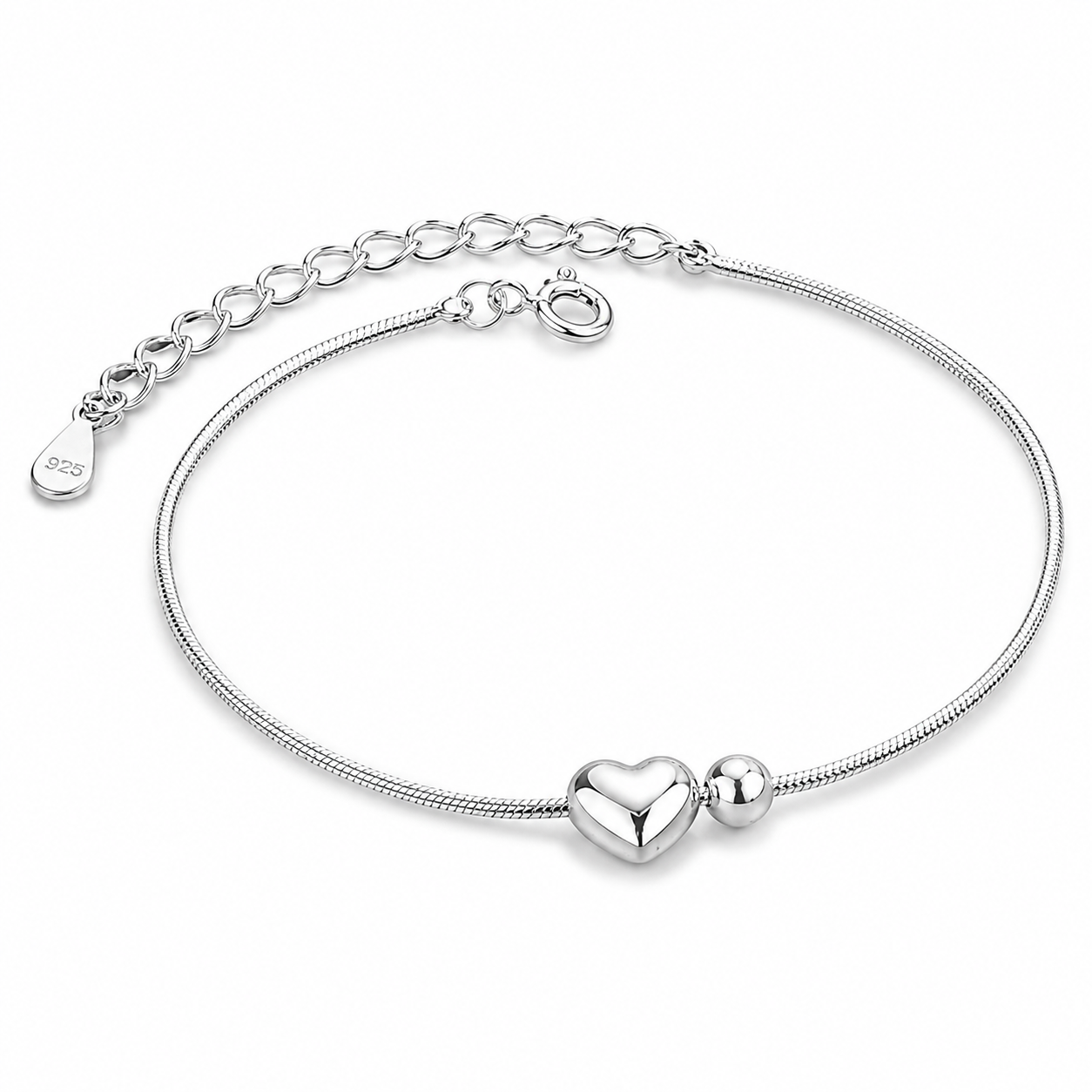 Minimalist Heart Snake Chain Bracelet in 925 Sterling Silver