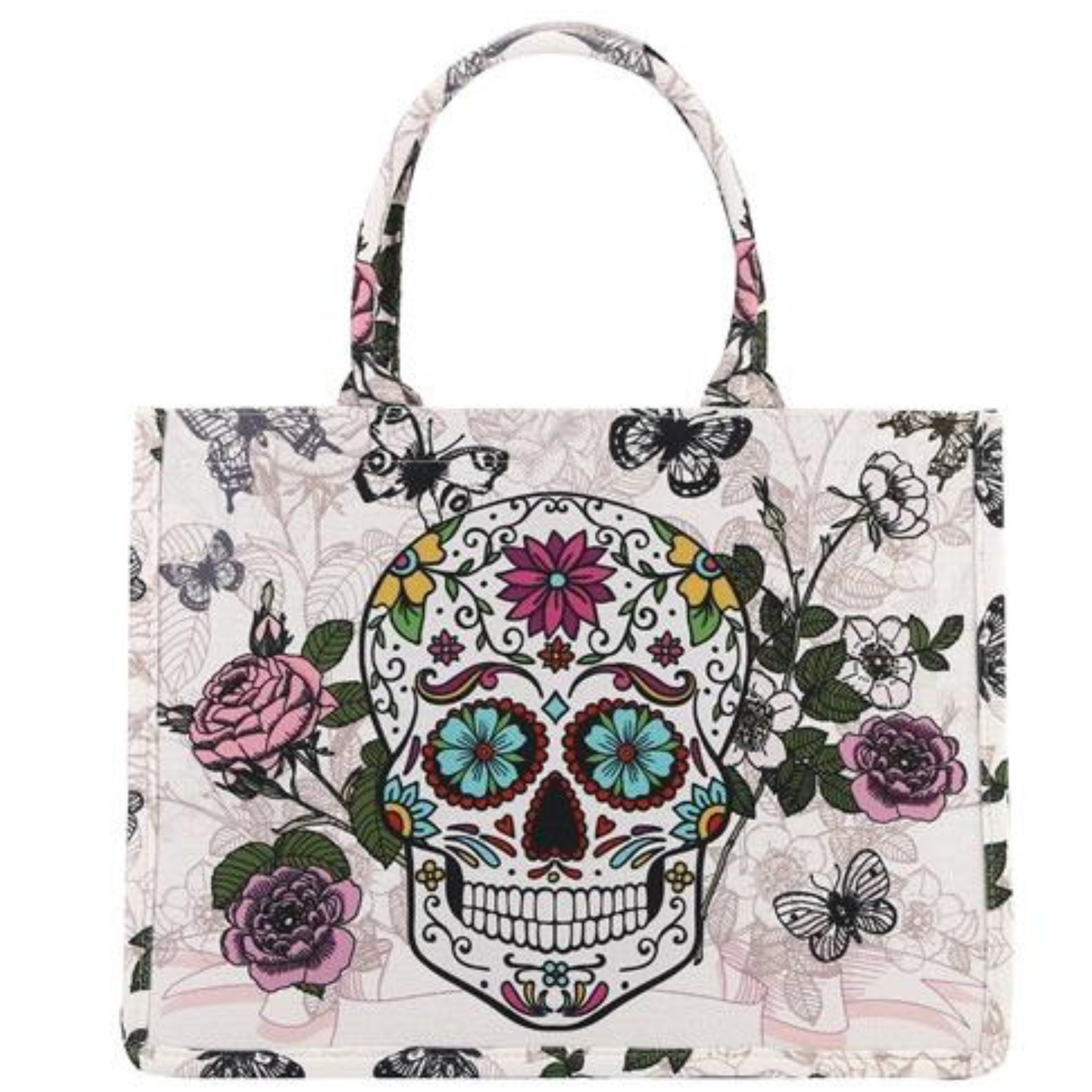 Skull Flower Printed Colorful Tote Handbag