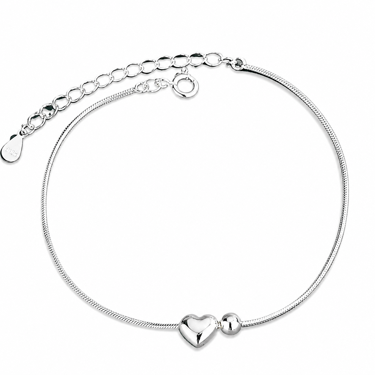 Minimalist Heart Snake Chain Bracelet in 925 Sterling Silver